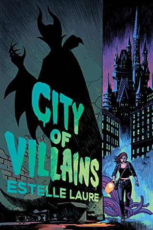 City-of-Villains-by-Estelle-Laure.--A-teenager-with-a-flashlight-runs-around-a-corner-followed-by-tentacles-with-a-castle-behind-her,-and-a-show-of-Maleficent-on-the-wall-beside-her.-