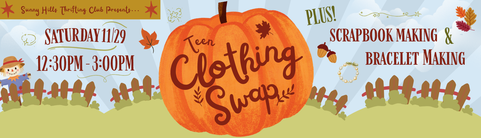 a decorative banner with Fall graphic for the Teen Clothing Swap program