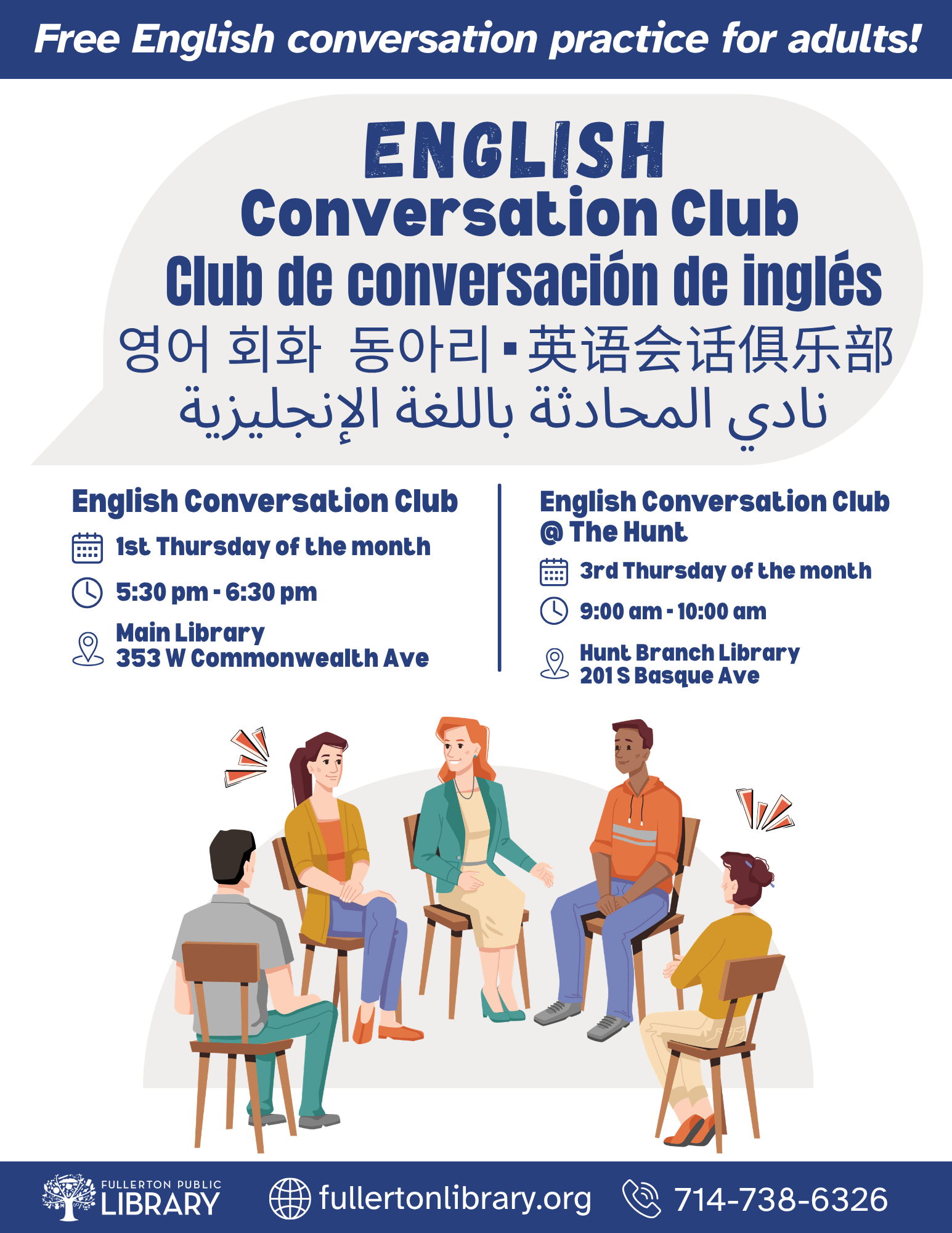 English Conversation Club. Join us the first or third Thursday of each month.