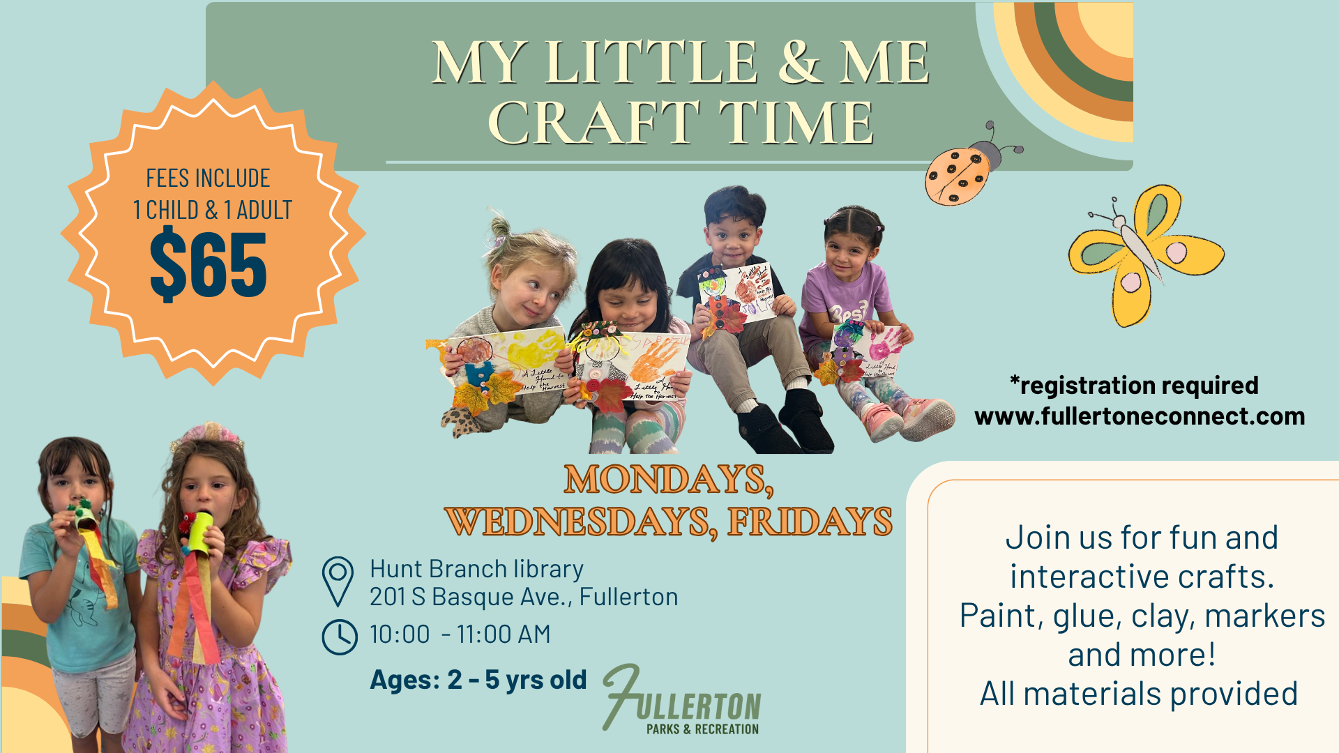 Craft for children ages 2- years old on monday, wednesday, and fridays at Hunt Branch Library