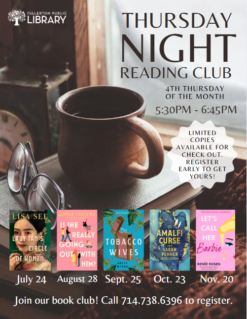 Thursday Night Reading Club 5:30 - 6:45 pm. Limited space. Call to register.