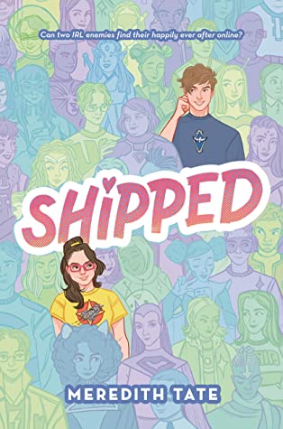 Shipped-by-Meredith-Tate:-A-bunch-of-people-in-costume,-who-are-blue,-purple,-and-green,-with-two-teenagers,-a-boy-and-a-girl,-in-full-color,-on-either-side-of-the-title-looking-at-each-other.-