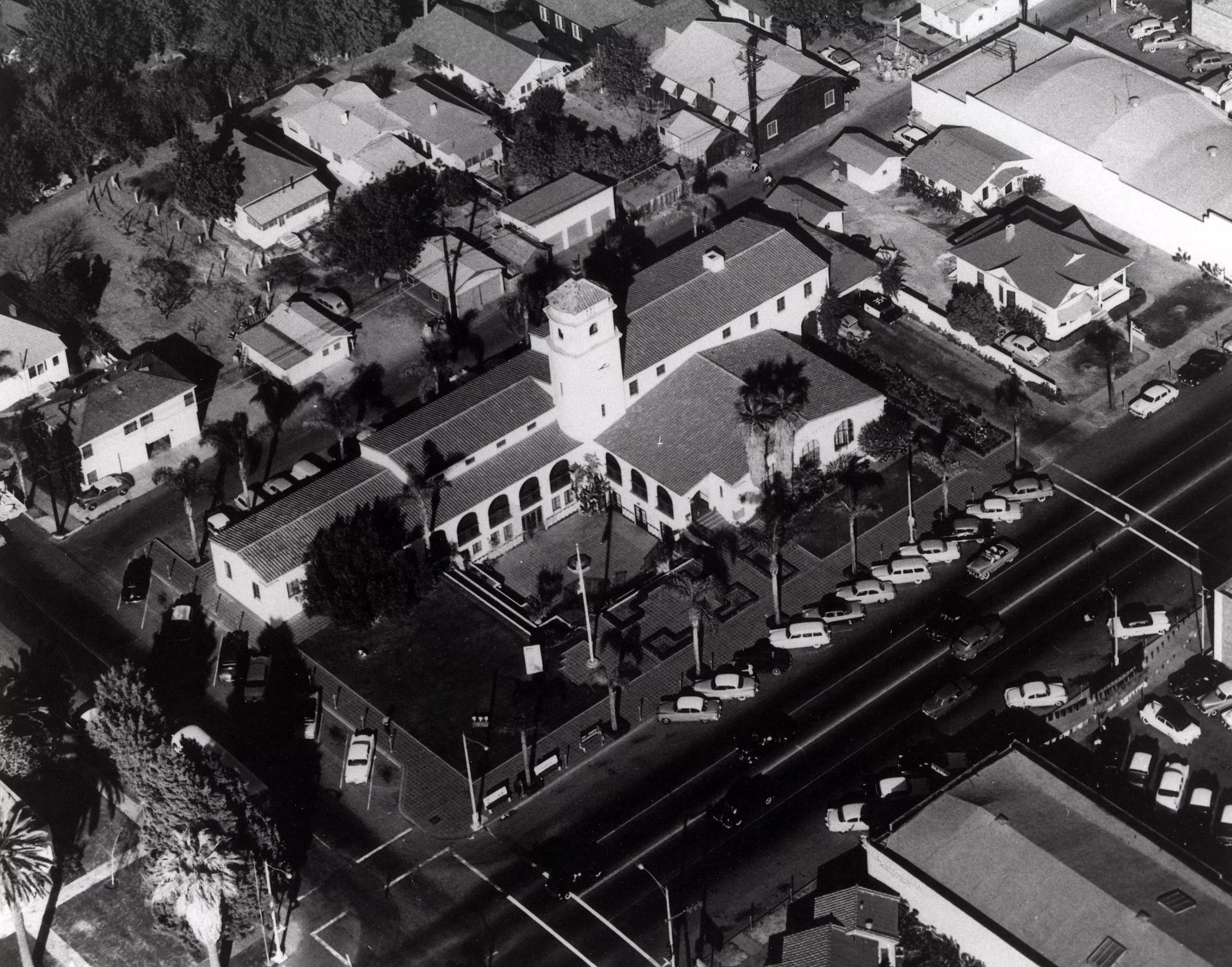 A black and white photograph of an aerial view of Fullerton City Hall circa 1950s.