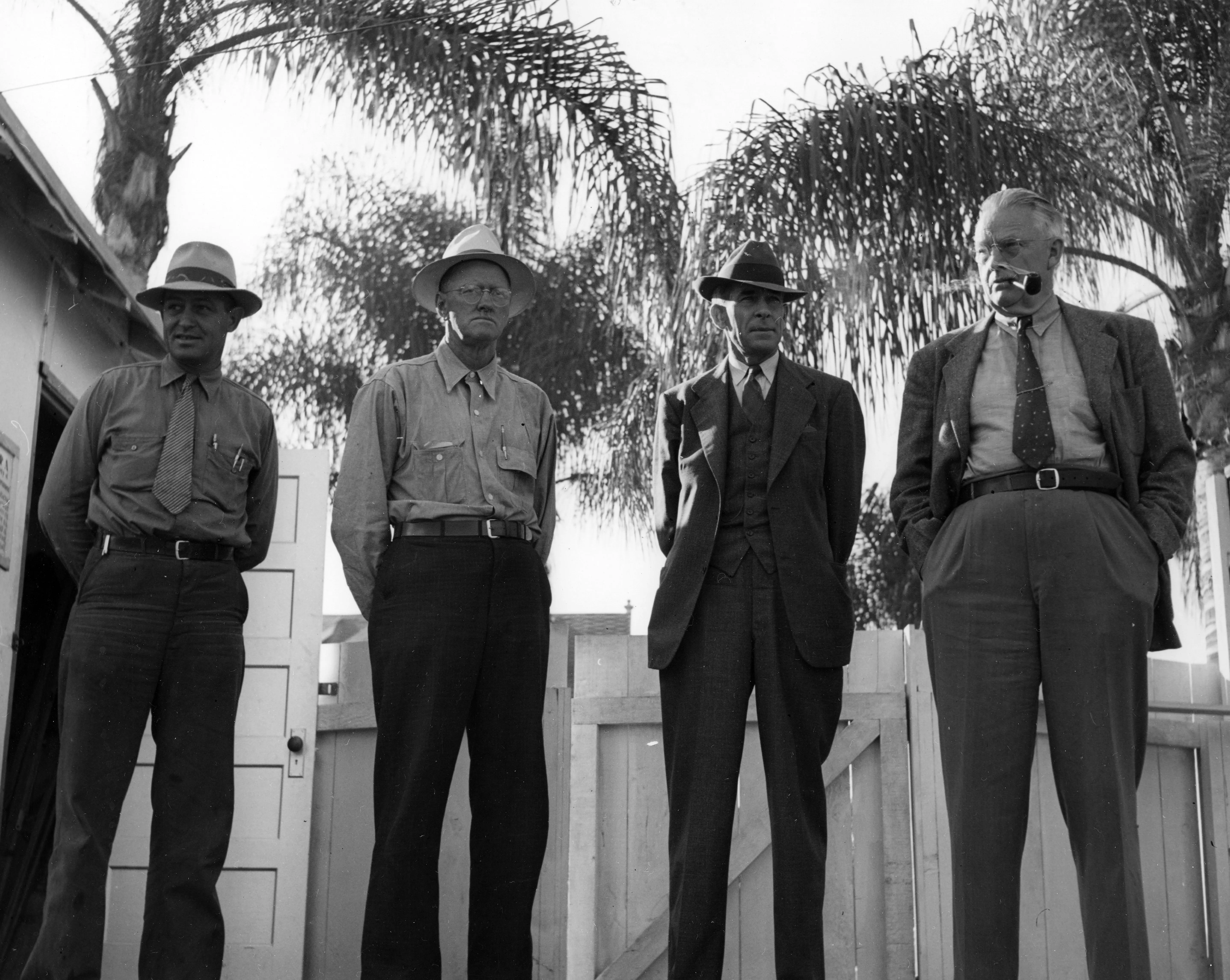 A black and white photograph of architect Vaughan during the construction of Fullerton Library in 1940.