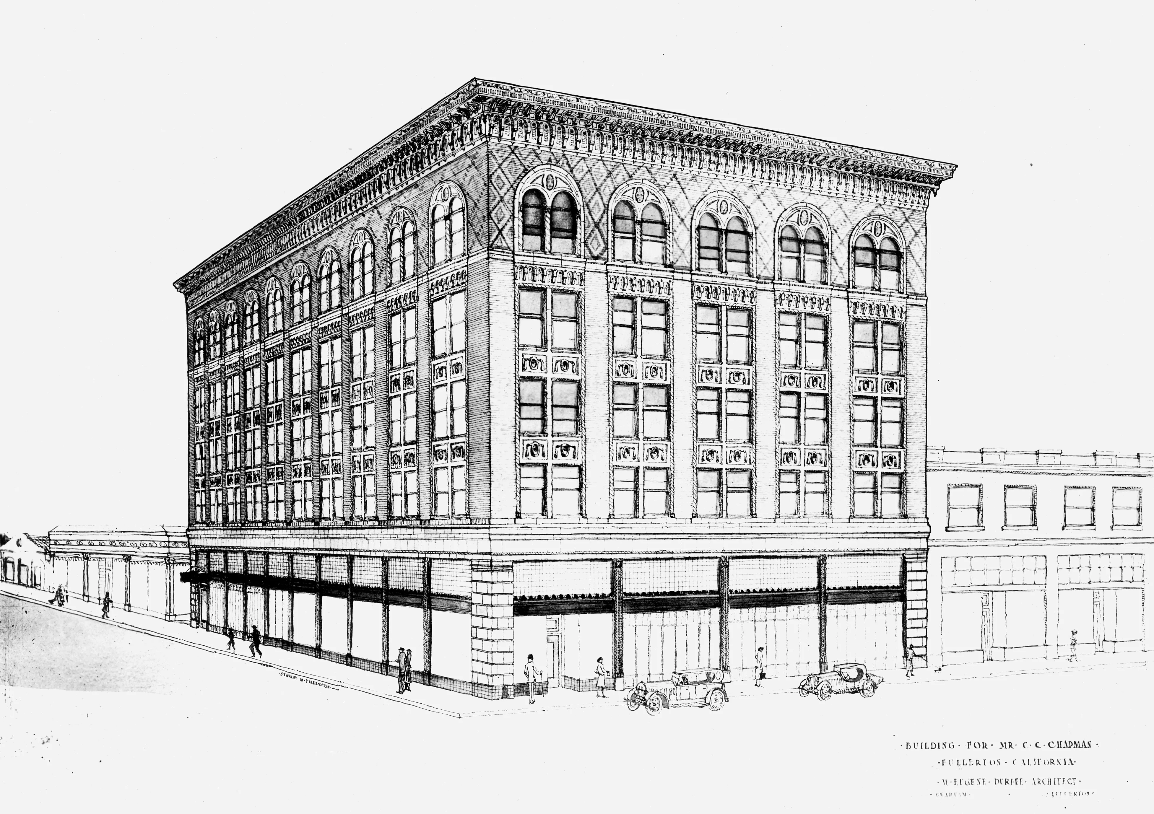 An architect&#039;s rendering in black and white of the Chapman Building in 1922.