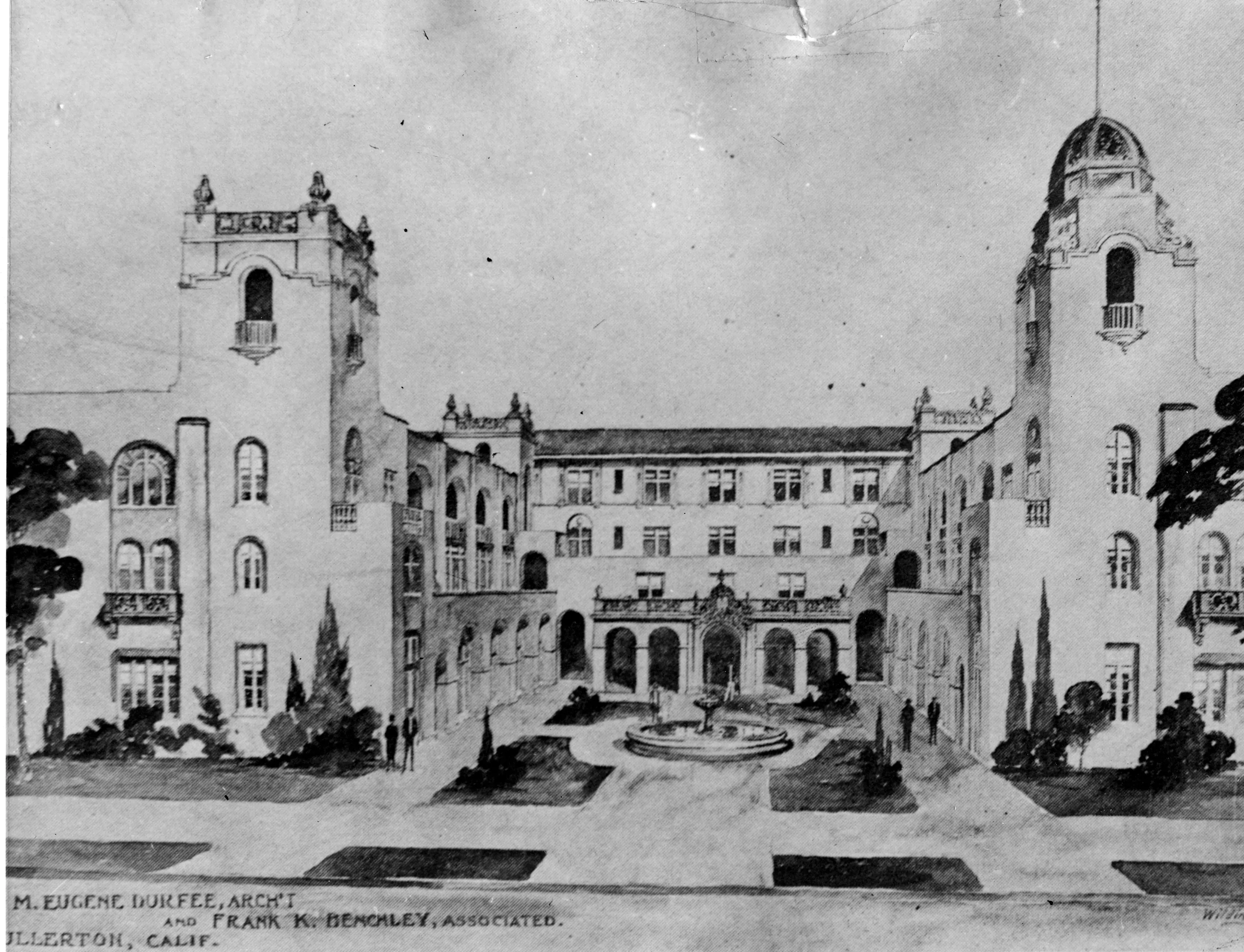 A black and white architectural rendering of the California Hotel in 1922.