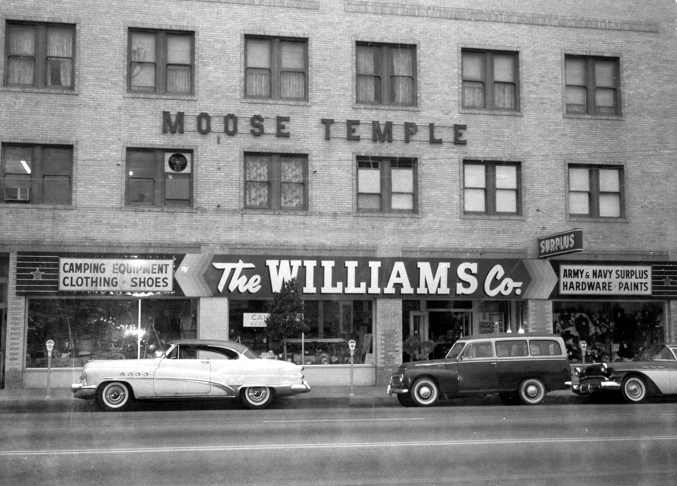 A black and white photograph of the exterior of the Odd Fellows Temple circa 1950s.
