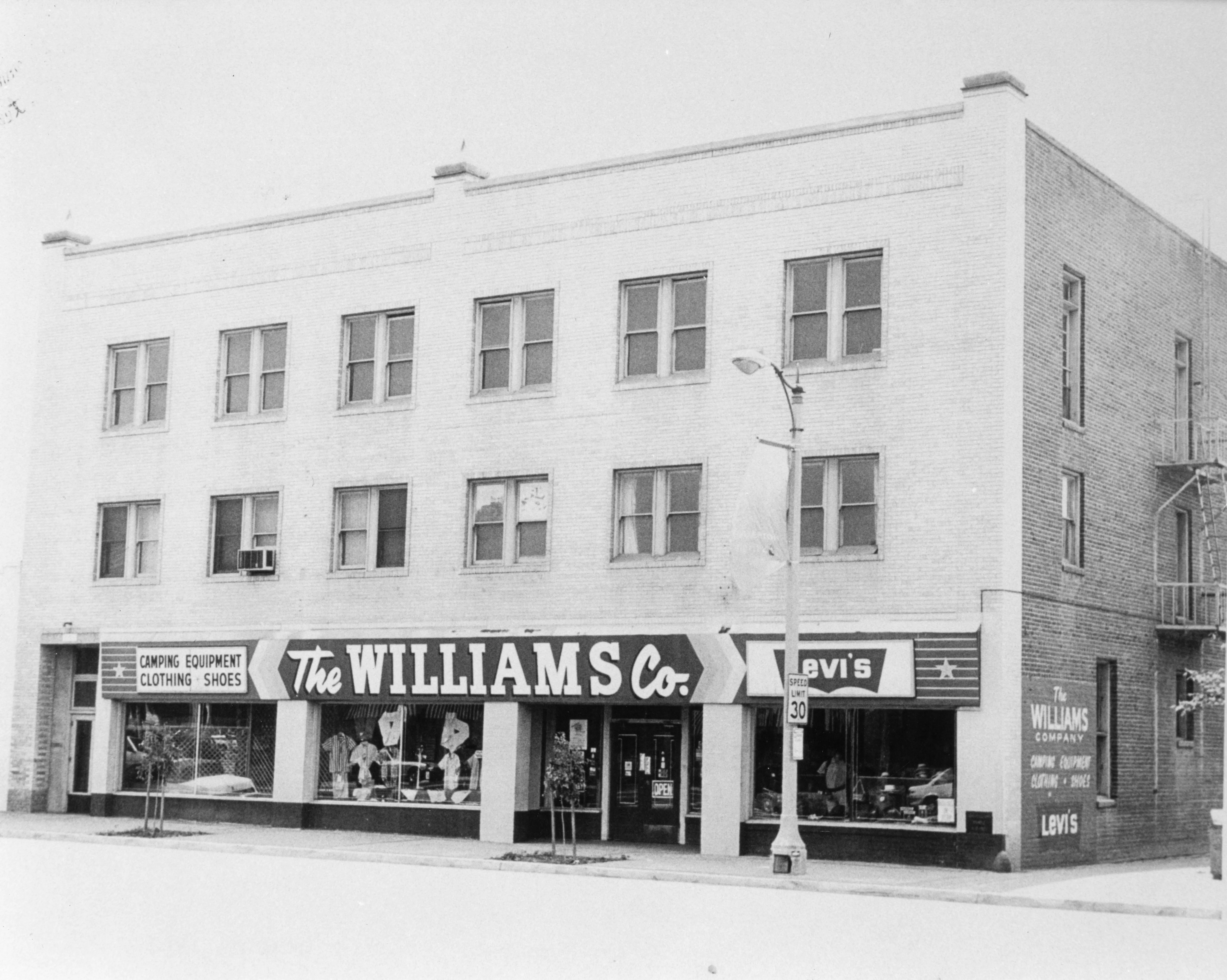 A black and white photograph of the exterior of the Odd Fellows Temple in 1951.