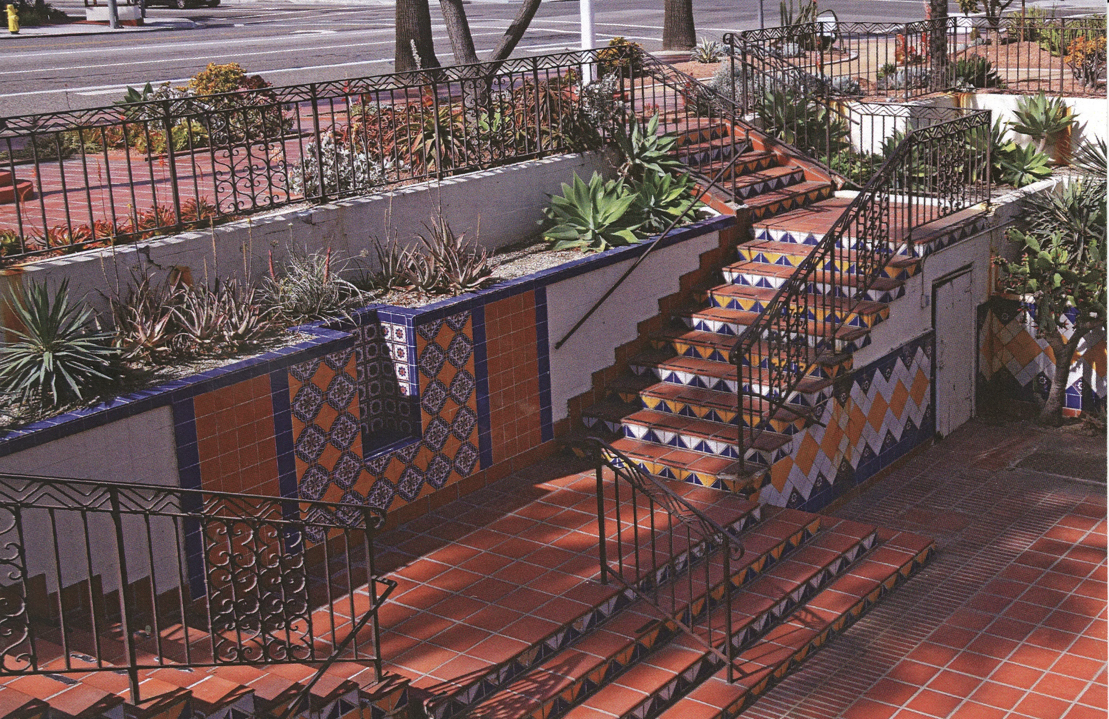 A colored photo of the tiles at Fullerton City Hall from Gladding, McBean &amp; Company.