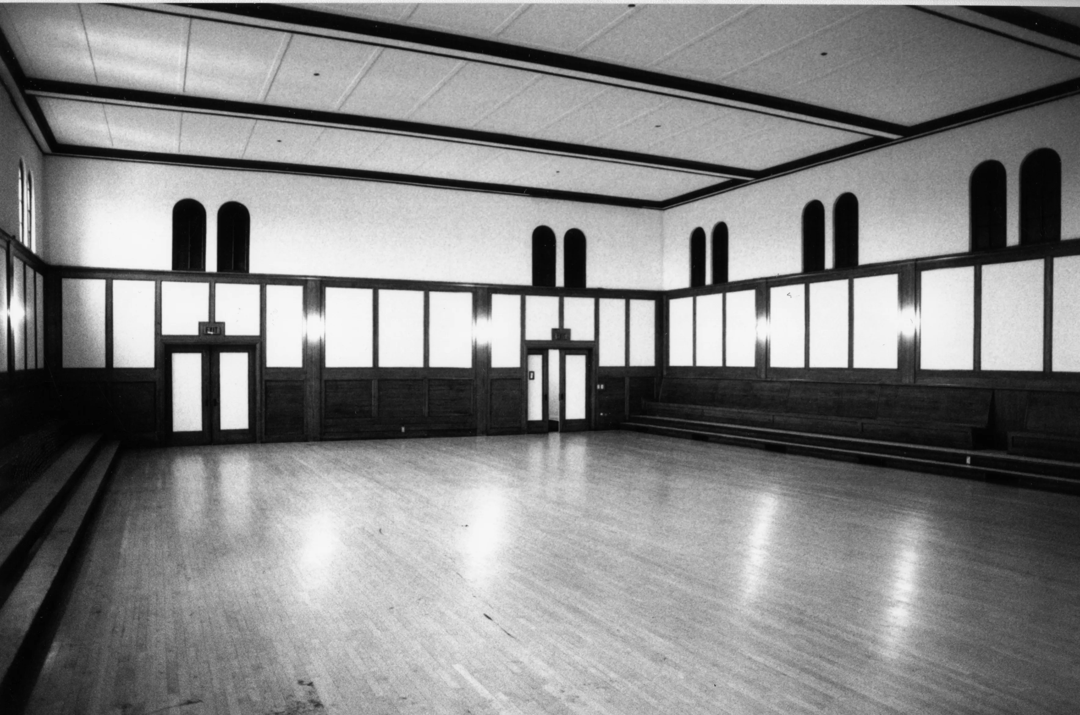 A black and white photograph of the second floor&#039;s interior of the Odd Fellows Temple in 2001.
