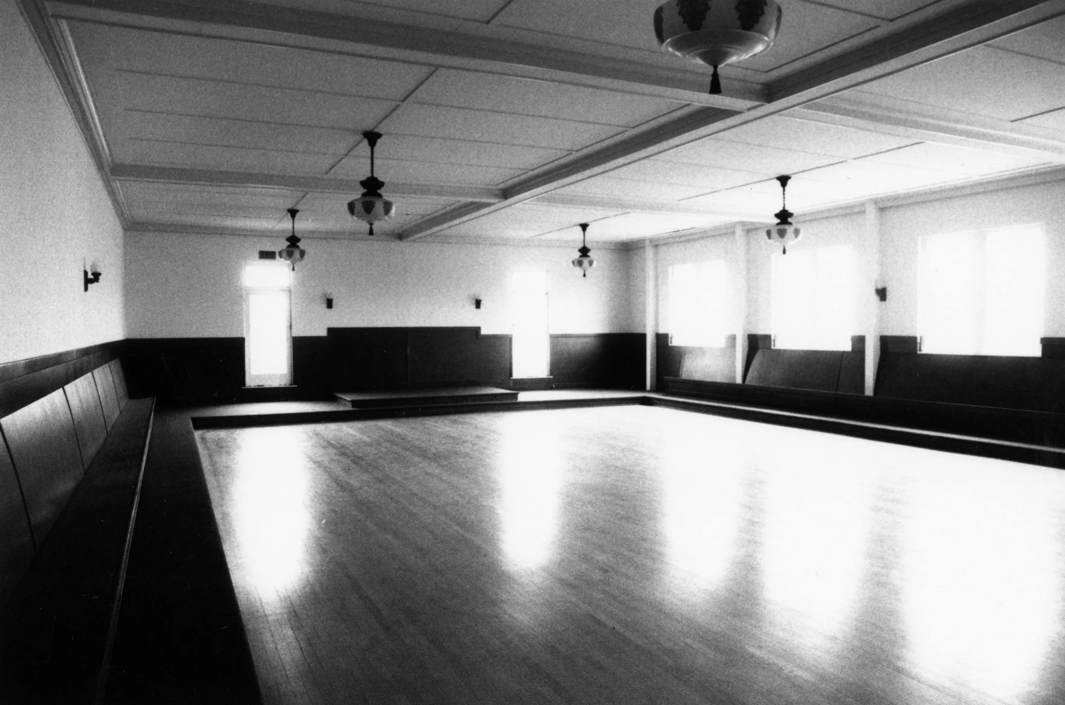 A black and white photograph of the third floor&#039;s interior of the Odd Fellows Temple in 2001.