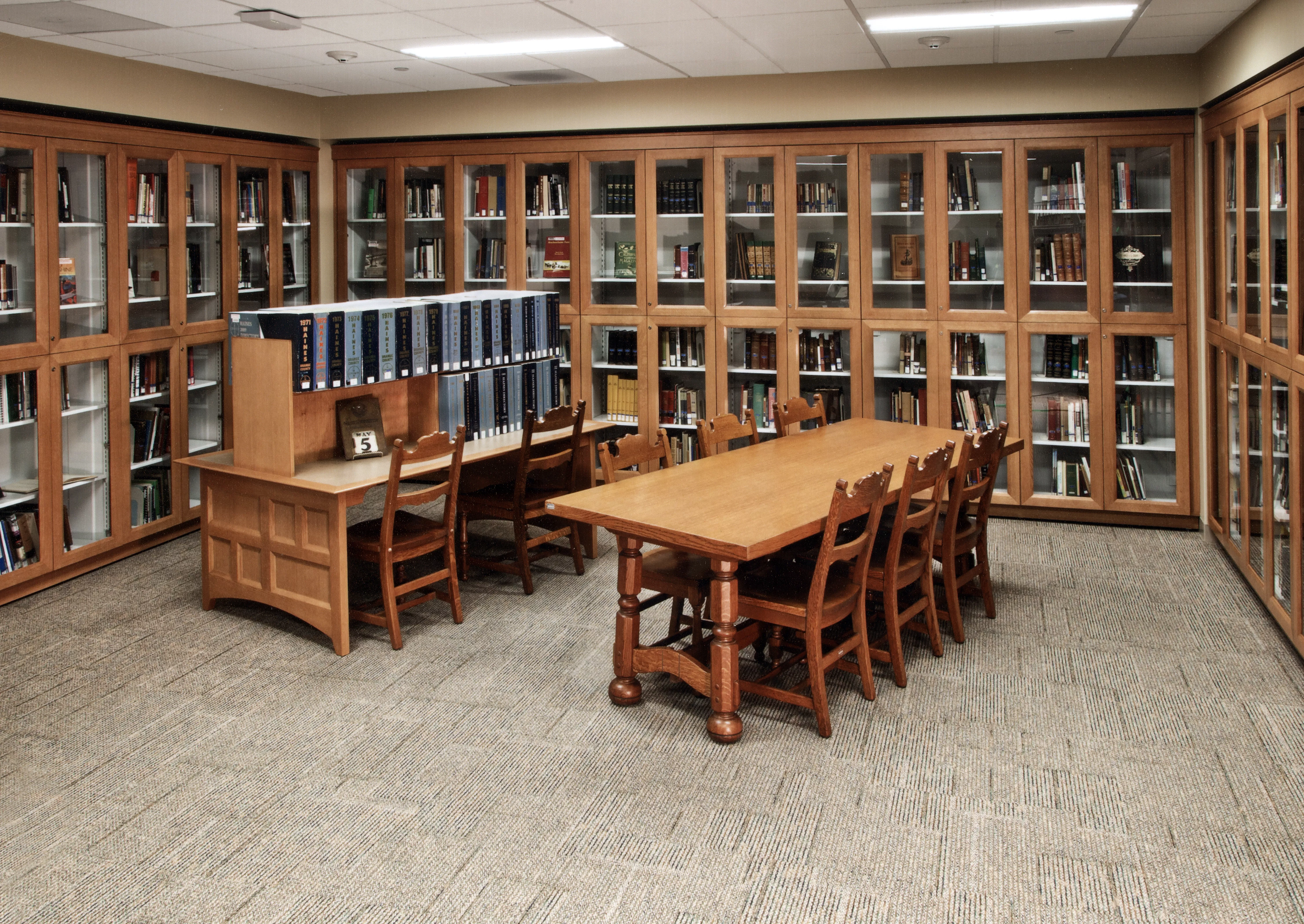 A colored photo of the interior of the Local History Room in Fullerton Public Library.