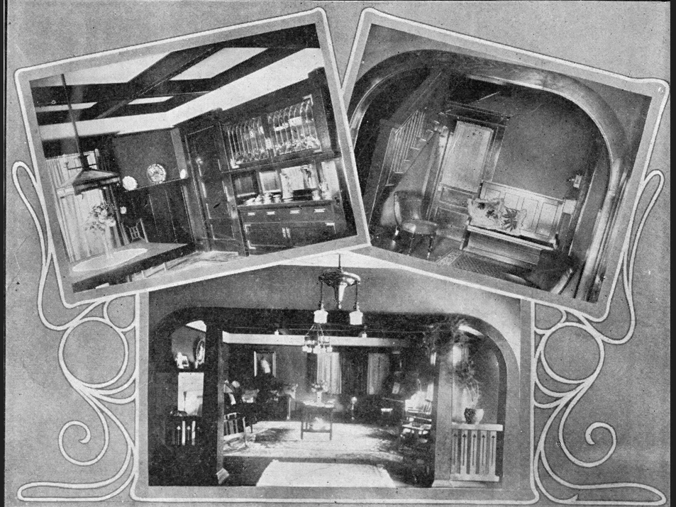 A black and white photo collection of three interior scenes of the William Hale House in 1909.