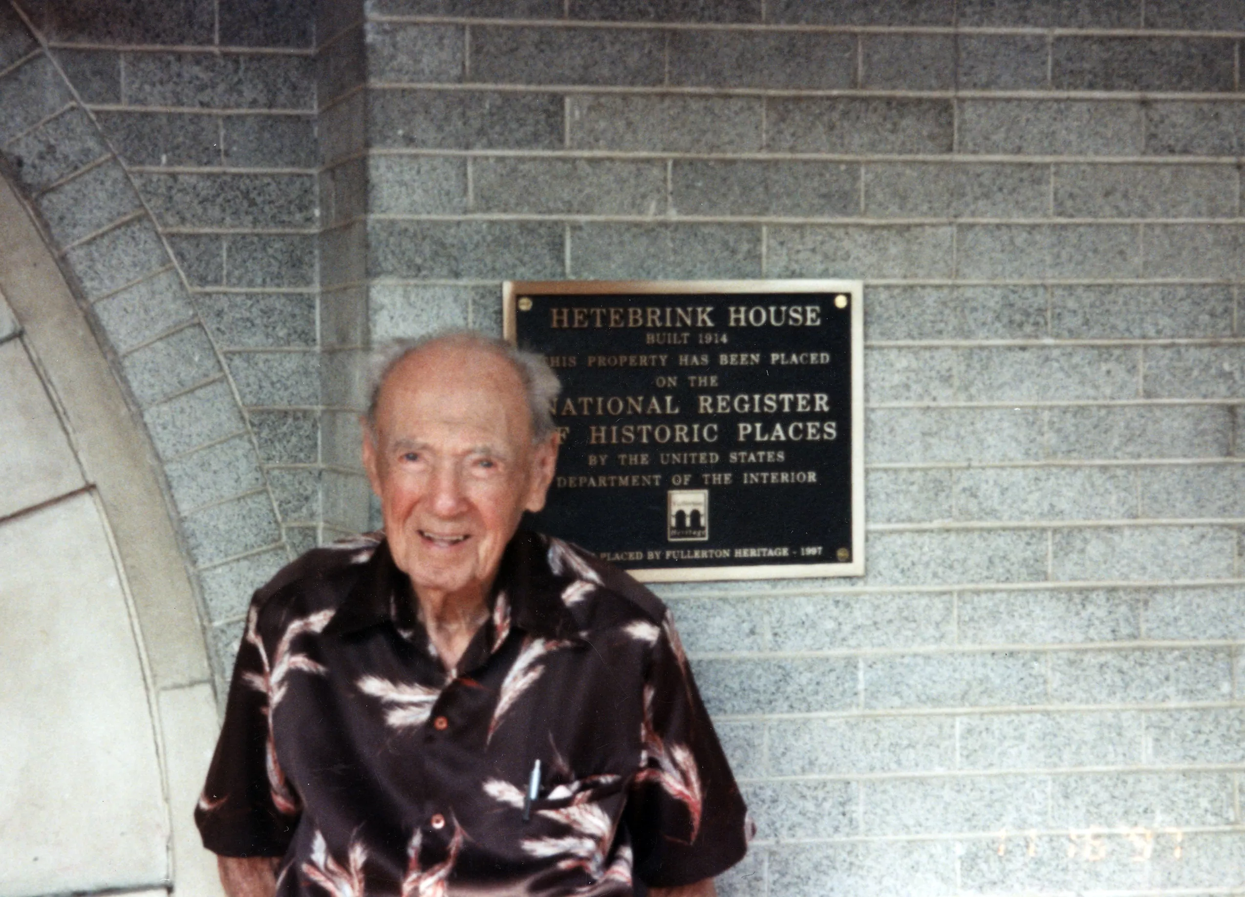 A colored photo of Albert Hetebrink of the John Hetebrink House at the plaque ceremony in 1997.