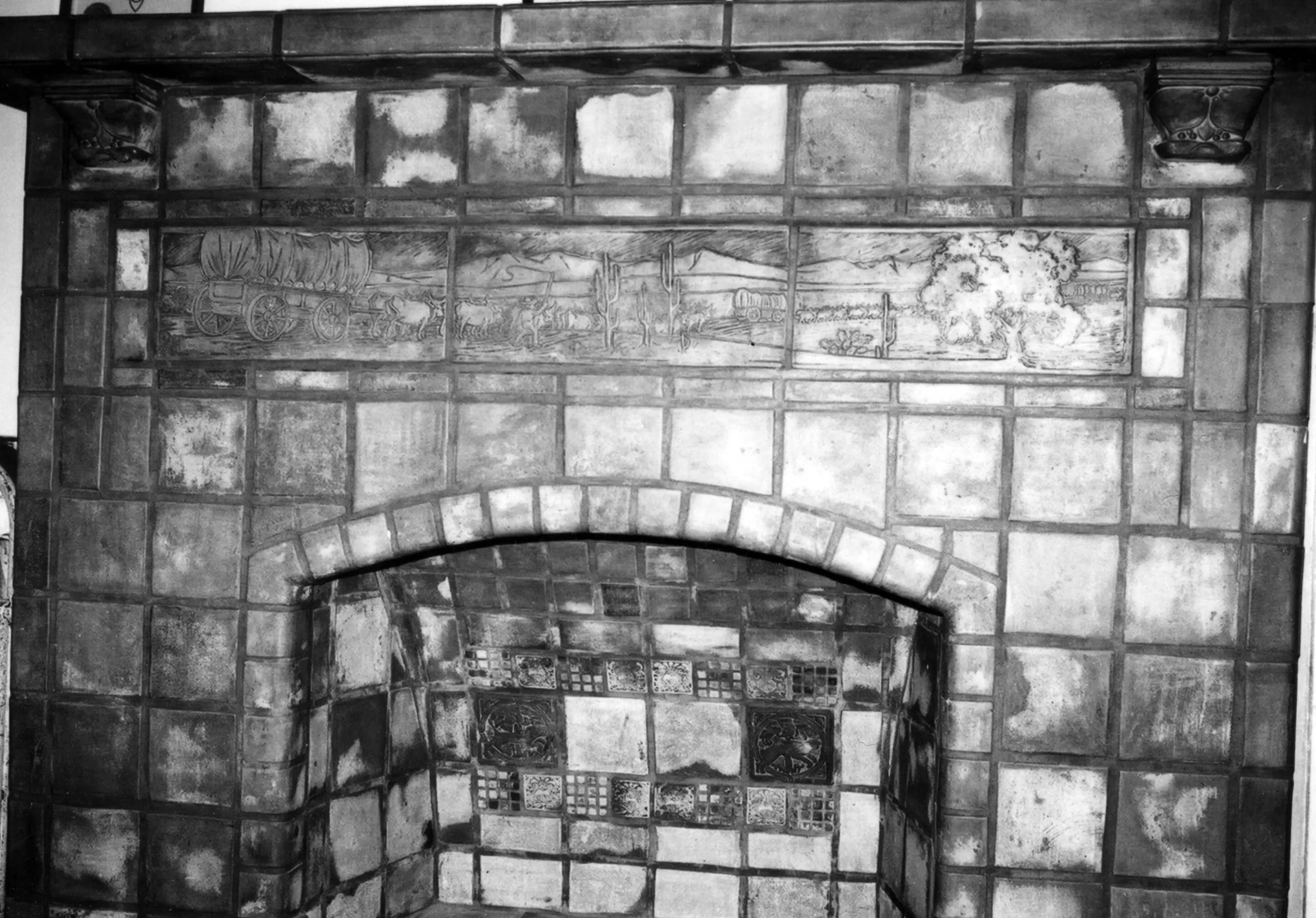 A black and white photograph of the first floor Batchelder fireplace, taken in 1978.