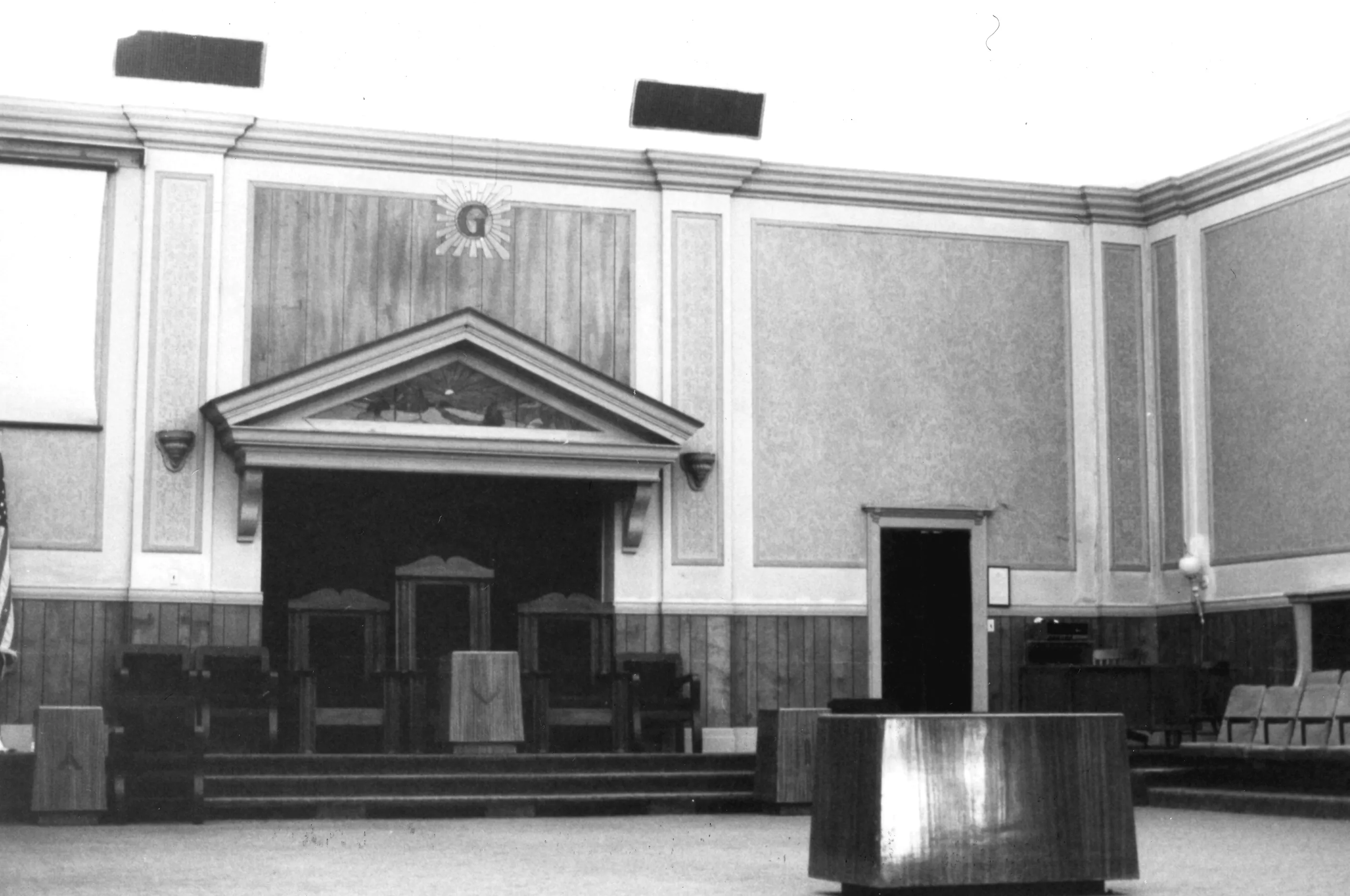 A black and white photograph of the second Masonic Temple&#039;s interior in 1994 before renovation.