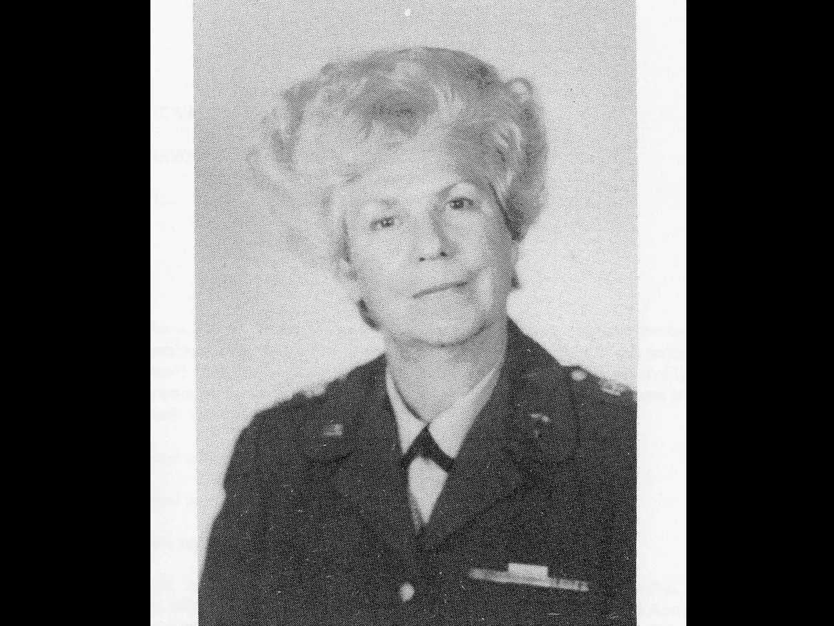 A black and white portrait photograph of Marguerite Noutary in 1979. The bottom of the photo reads: Marguerite Noutary 1979.