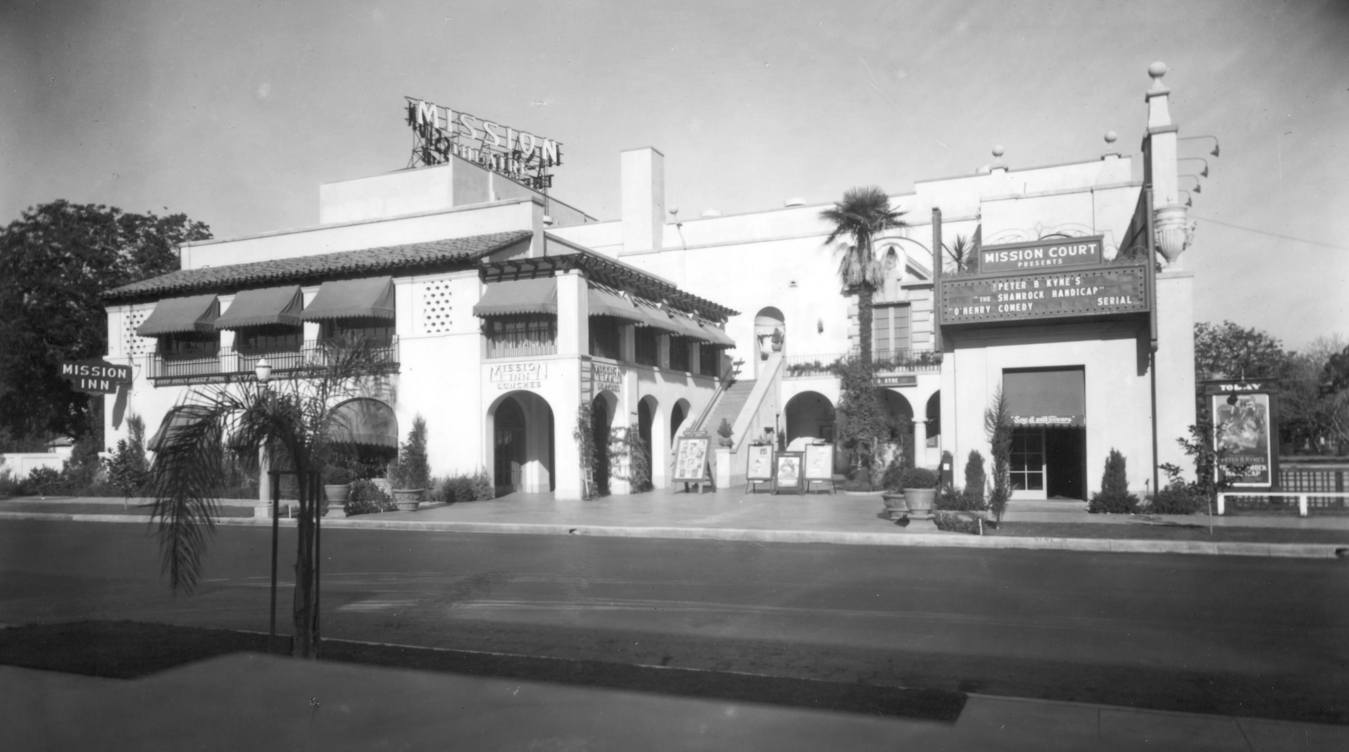 A black and white photograph of the Mission Court Theatre in 1926.