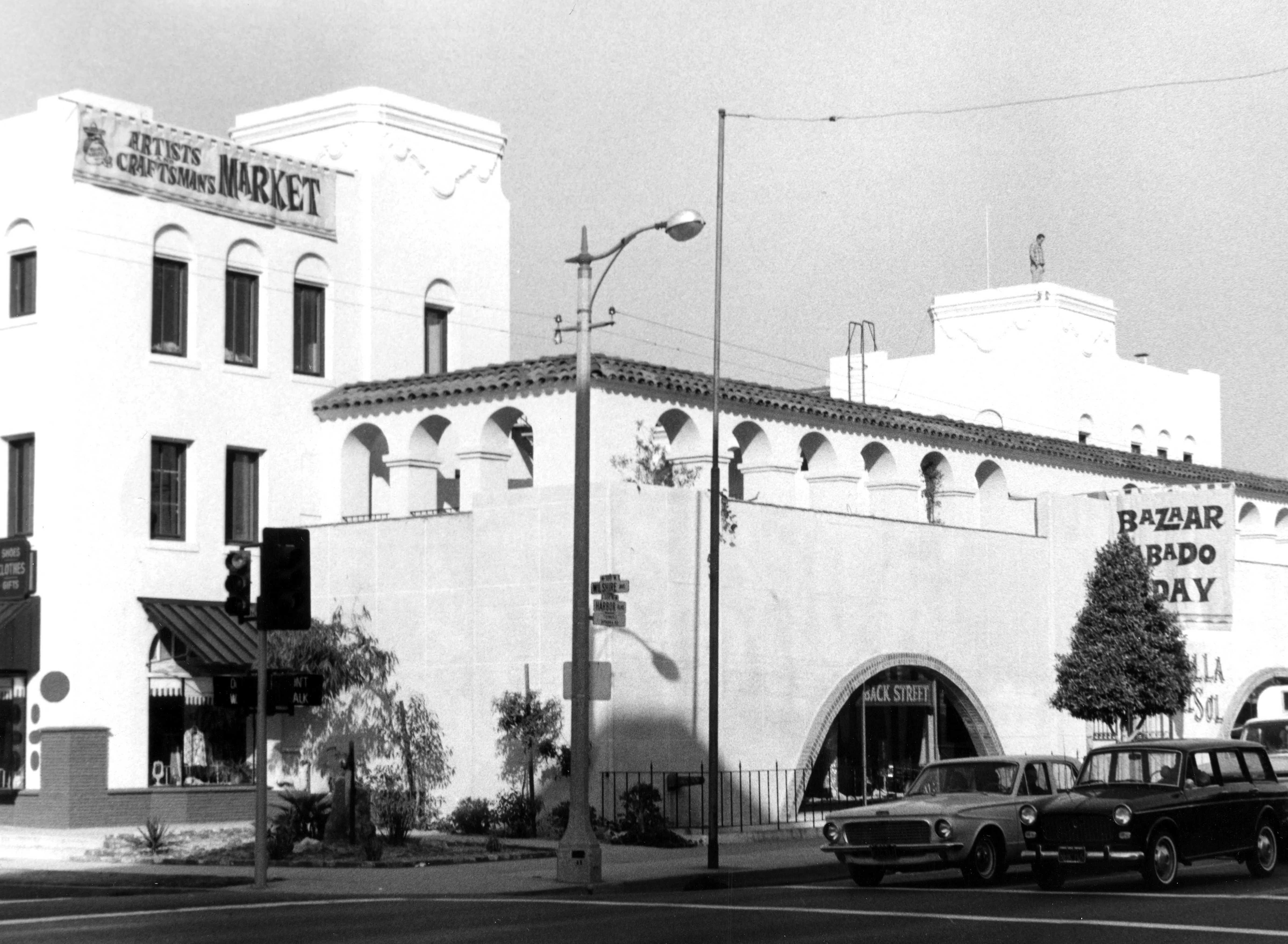 A black and white photograph of the California Hotel, or Villa del Sol&#039;s, façade in 1966.
