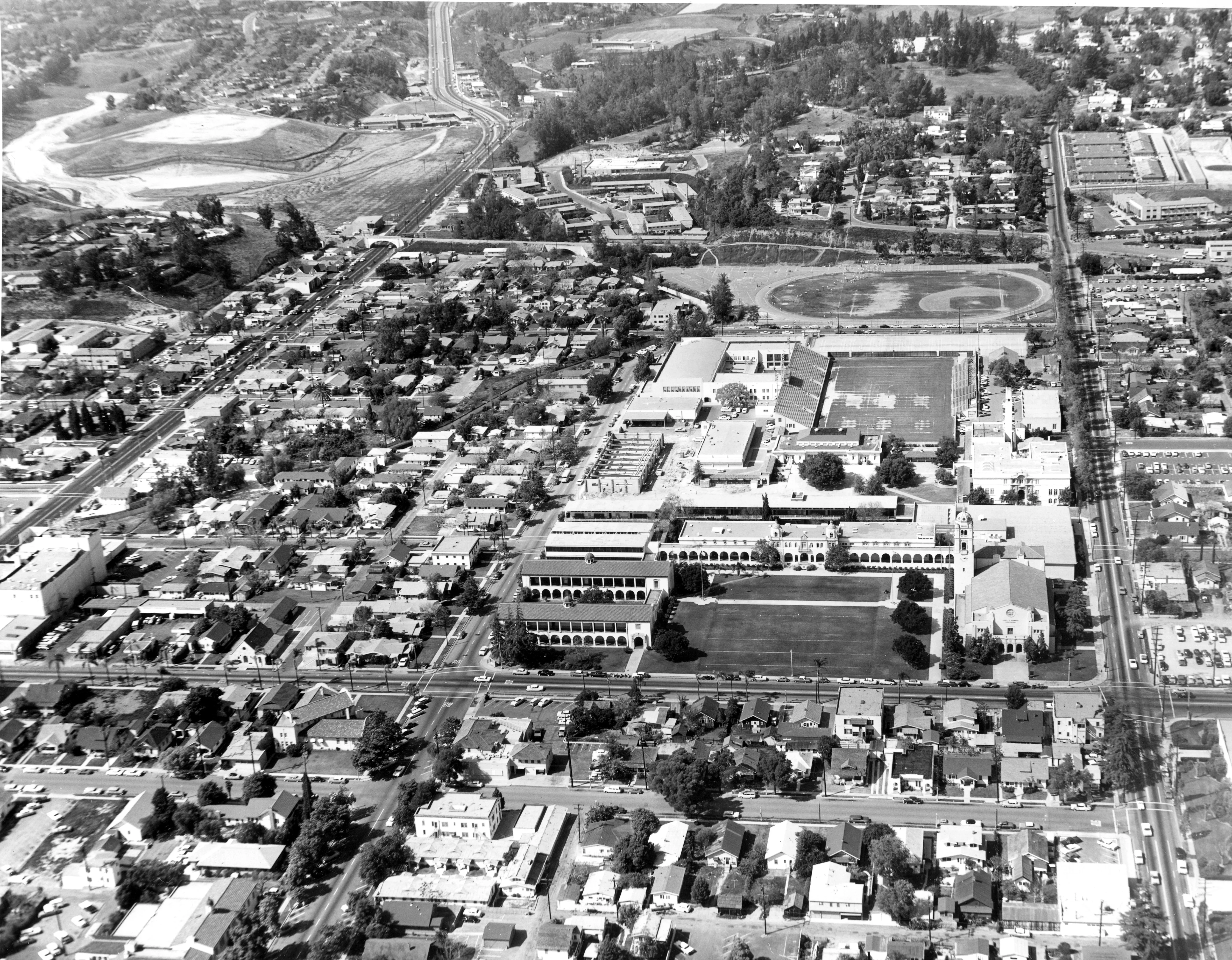A black and white photograph of an aerial view of the FUHS Science Building 1 &amp; 2 in 1963.