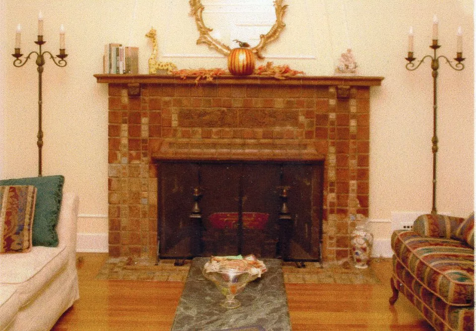 A colored photo of the Batchelder fireplace at the Arthur Kelley House in 2003.