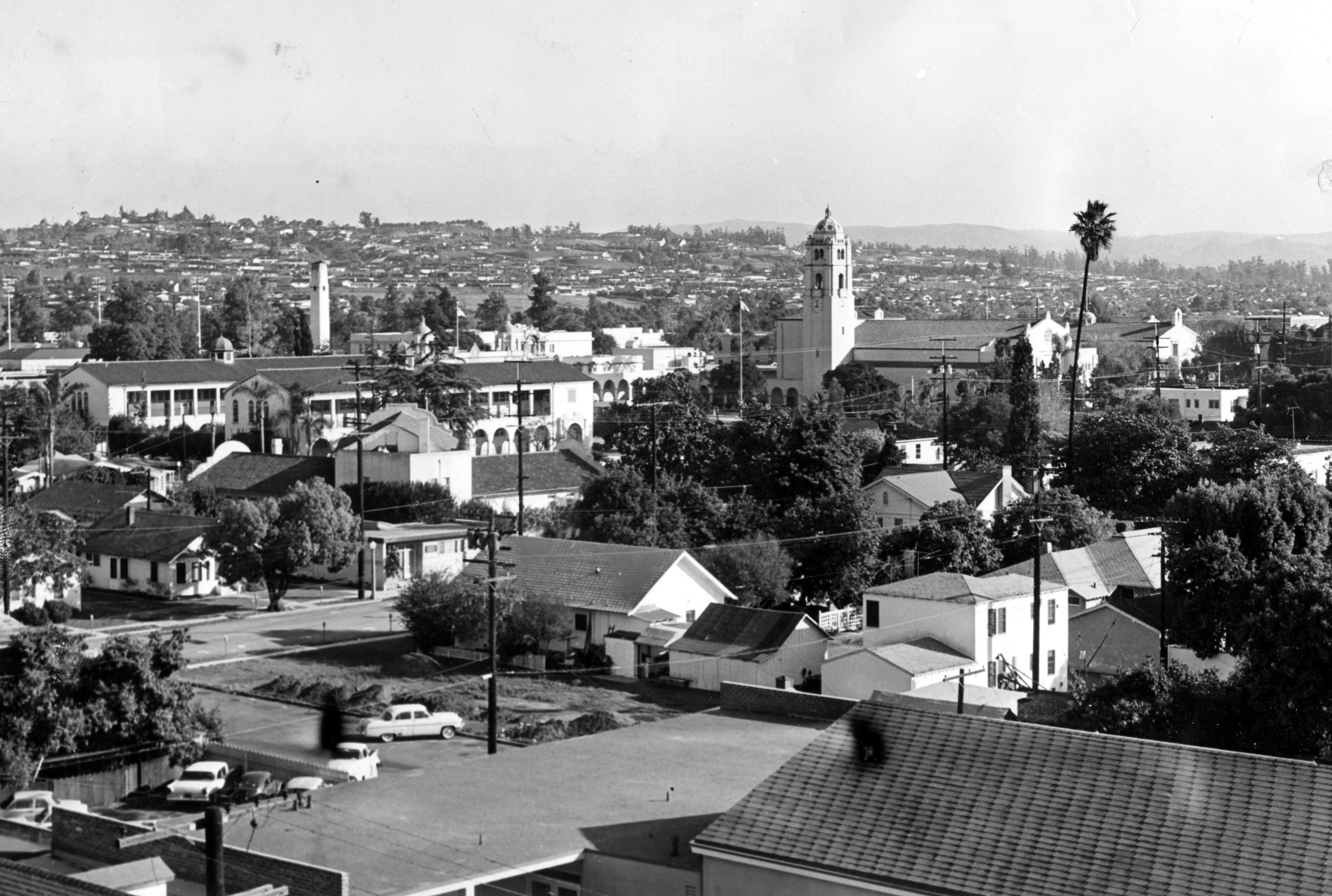 A black and white photograph of a birds eye view of the FUHS Science Building 1 &amp; 2.