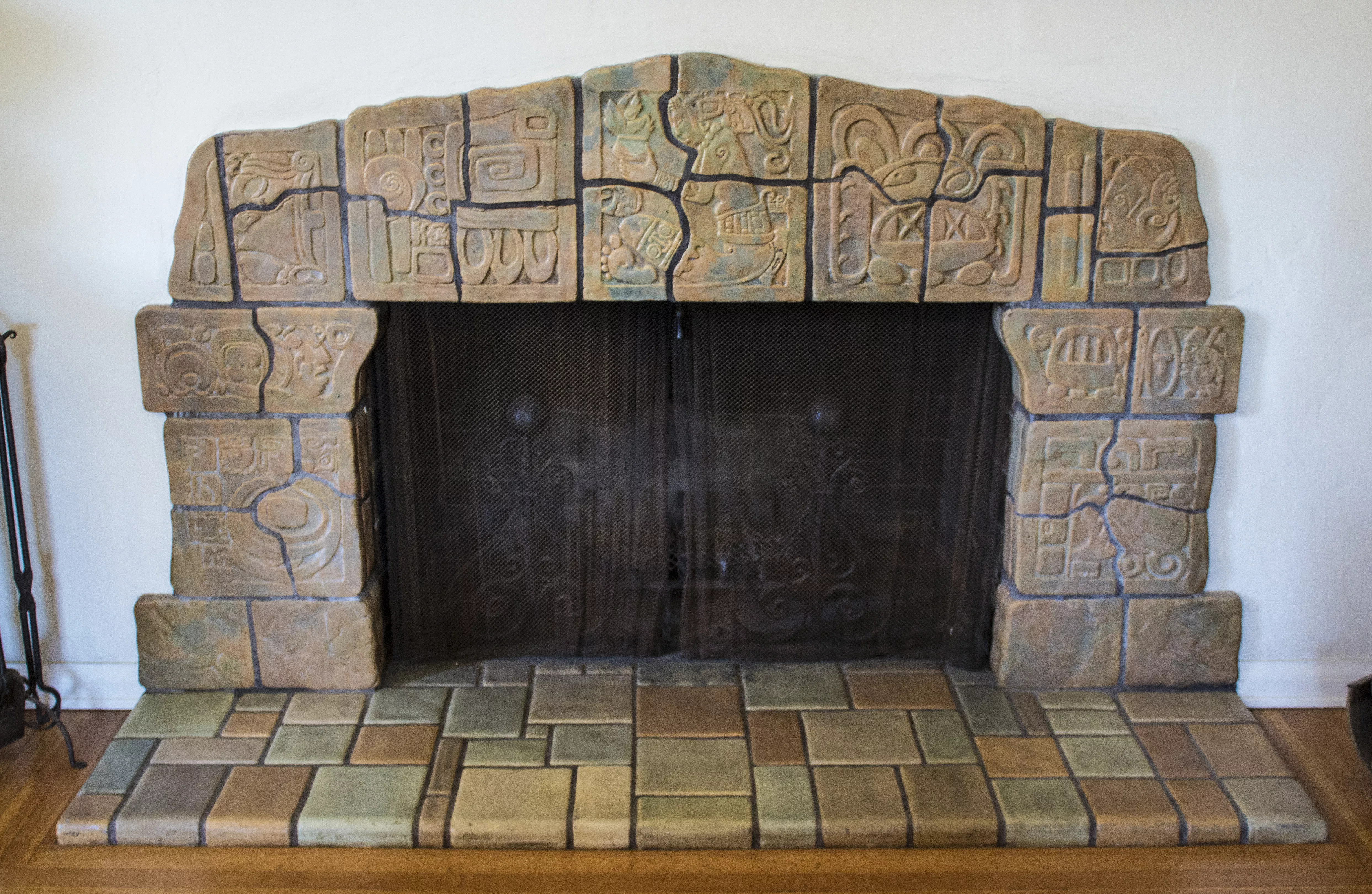 A colored photo of the Calco Fireplace mantel inside the Hugh Edgar Johnson House in 2020.