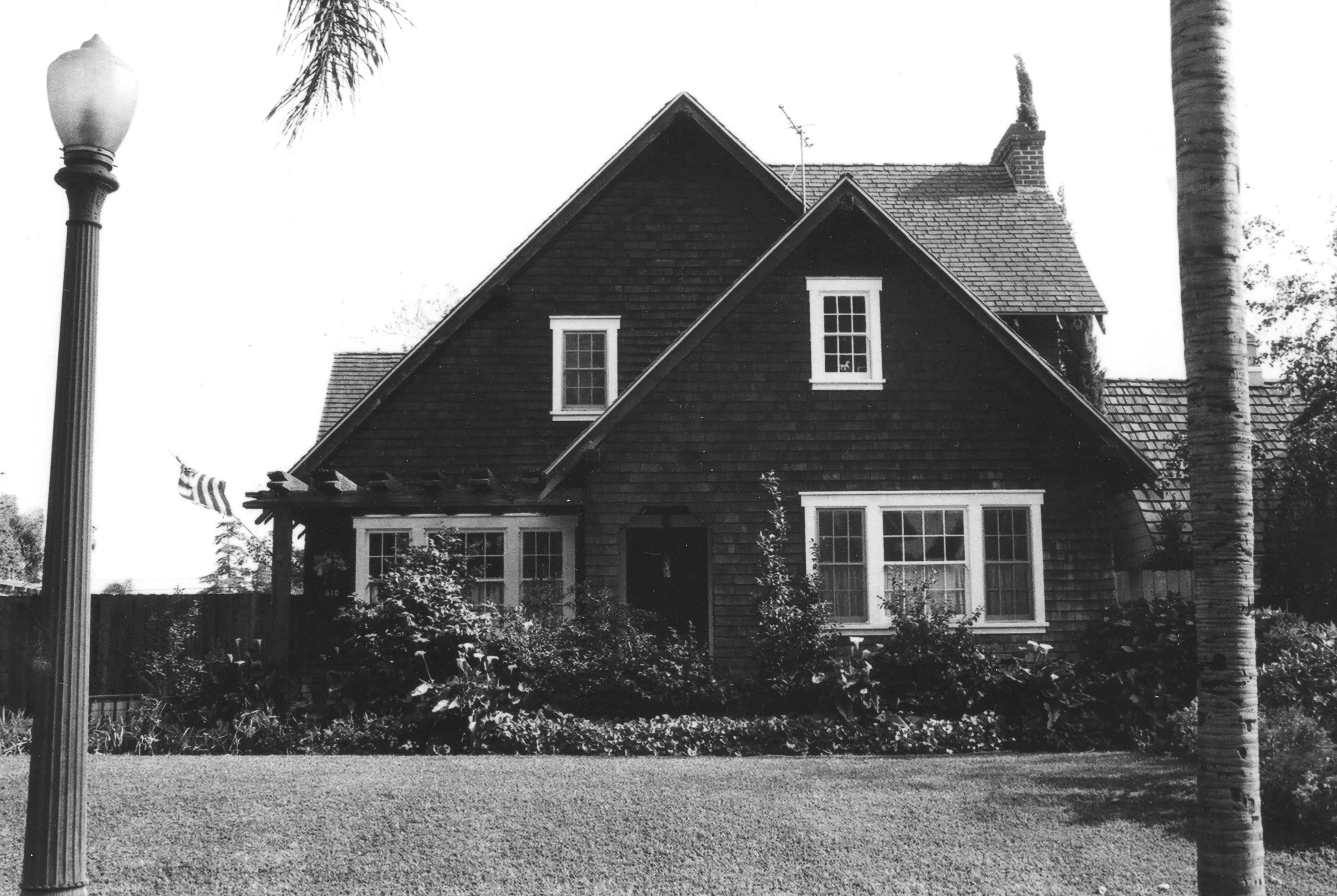 A black and white photograph of the early exterior of the George Gobar House.