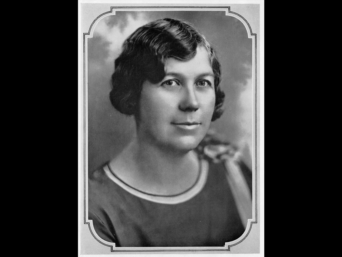 A black and white portrait photograph of Myrtle Stuelke in 1929.