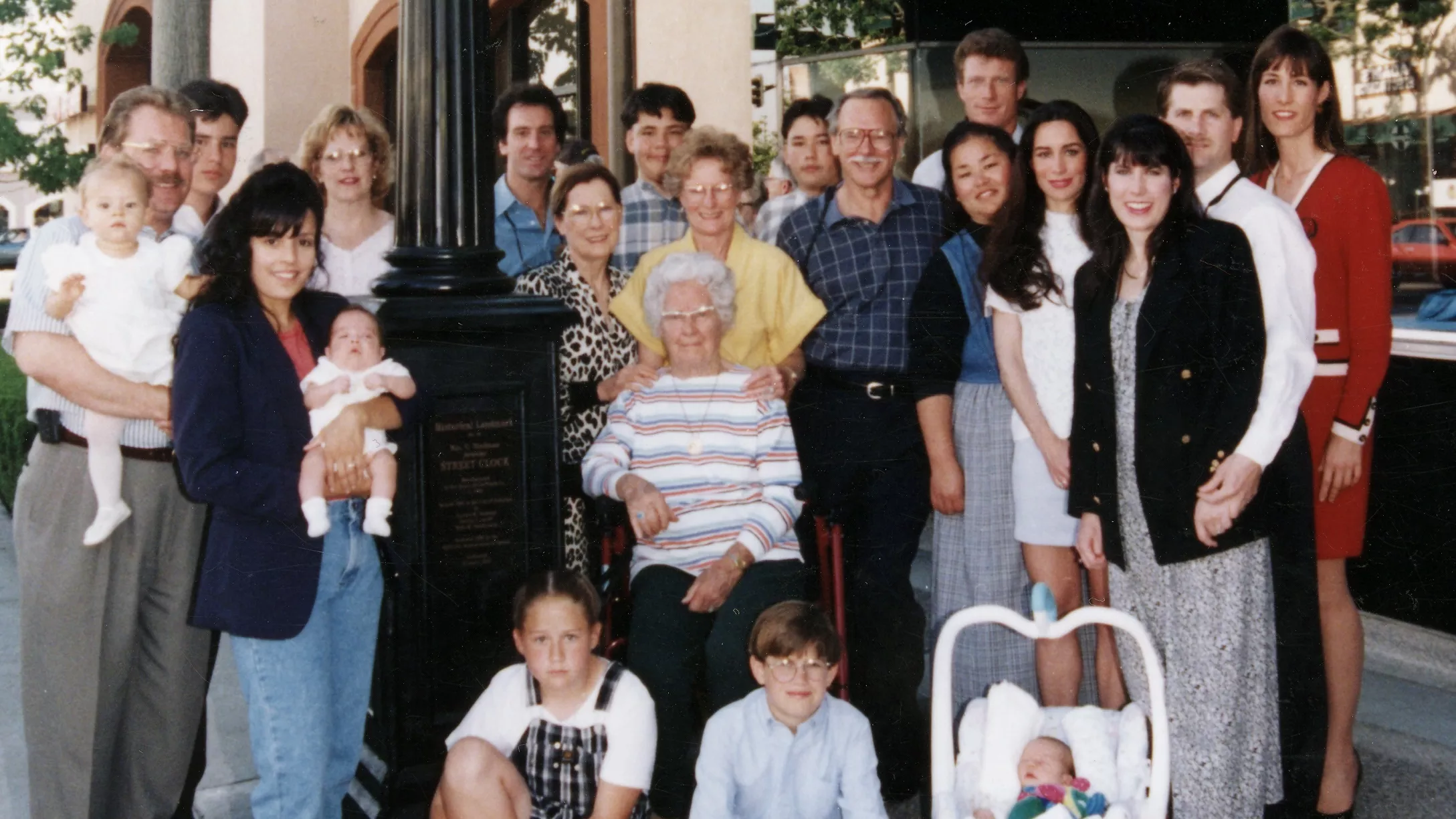 A colored photo of the Stedman family at the 1997 plaque ceremony for the Stedman Jewelers&#039; Clock.