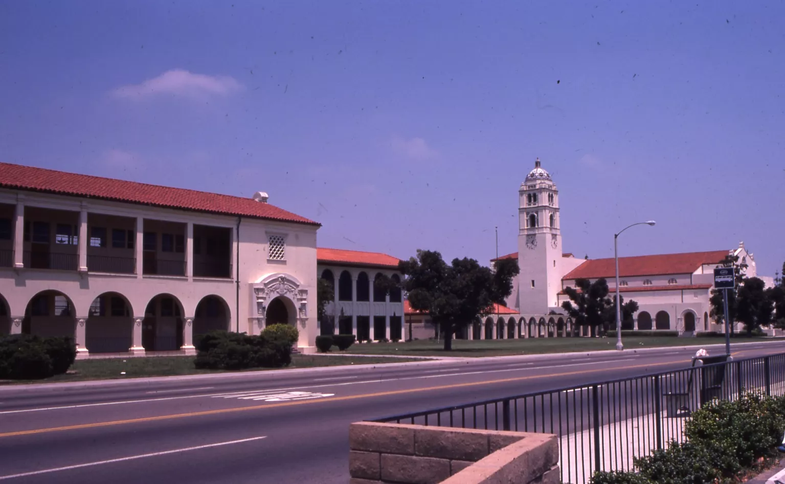 A colored photo of the street scene for FUHS Science Building 1 &amp; 2 in 1977