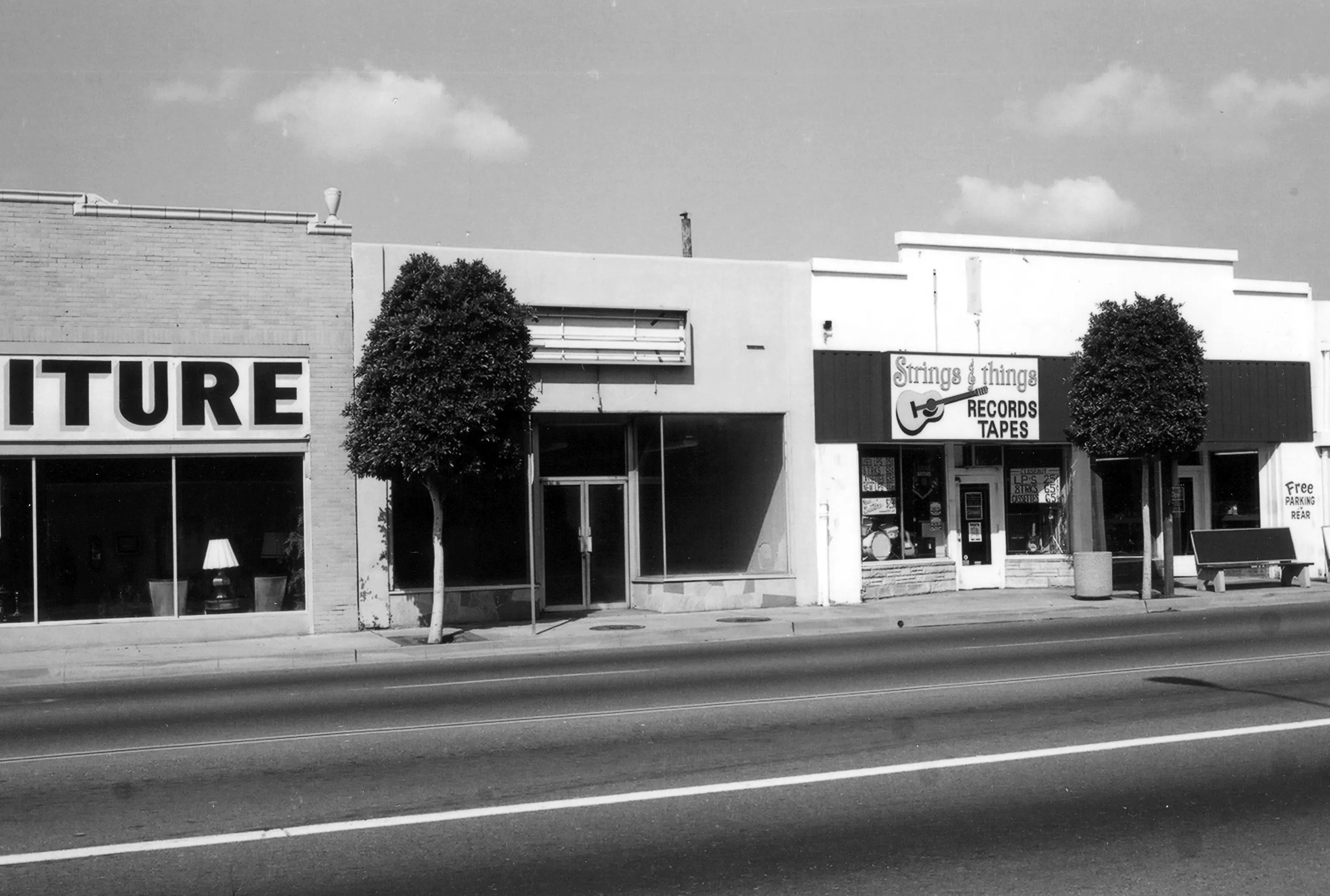 A black and white photograph of the Leo Fender Radio Shop for the Historical Building Survey in 1978.