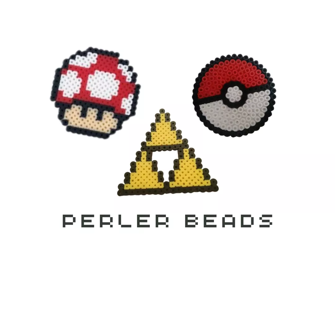 Images of video game shapes made from Perler Beads.