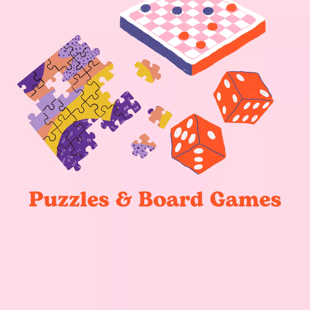 Illustrations of board games and puzzles.