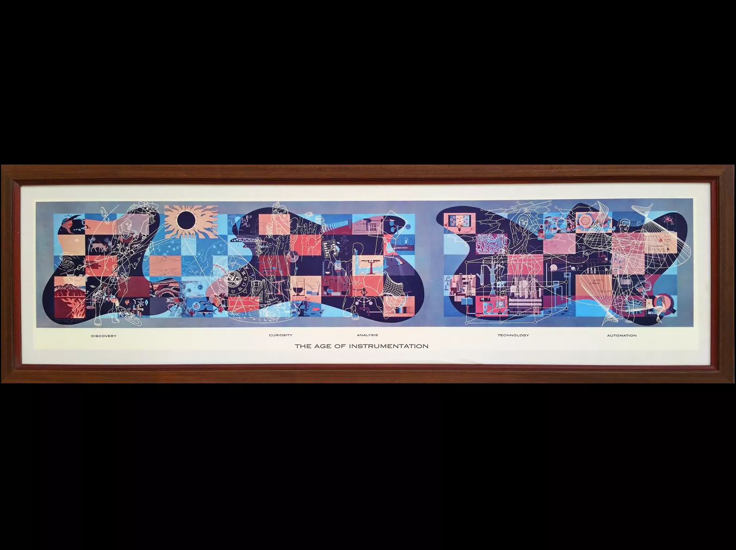 A colored photo of the lobby mural for the Beckman Instruments Administration Building.