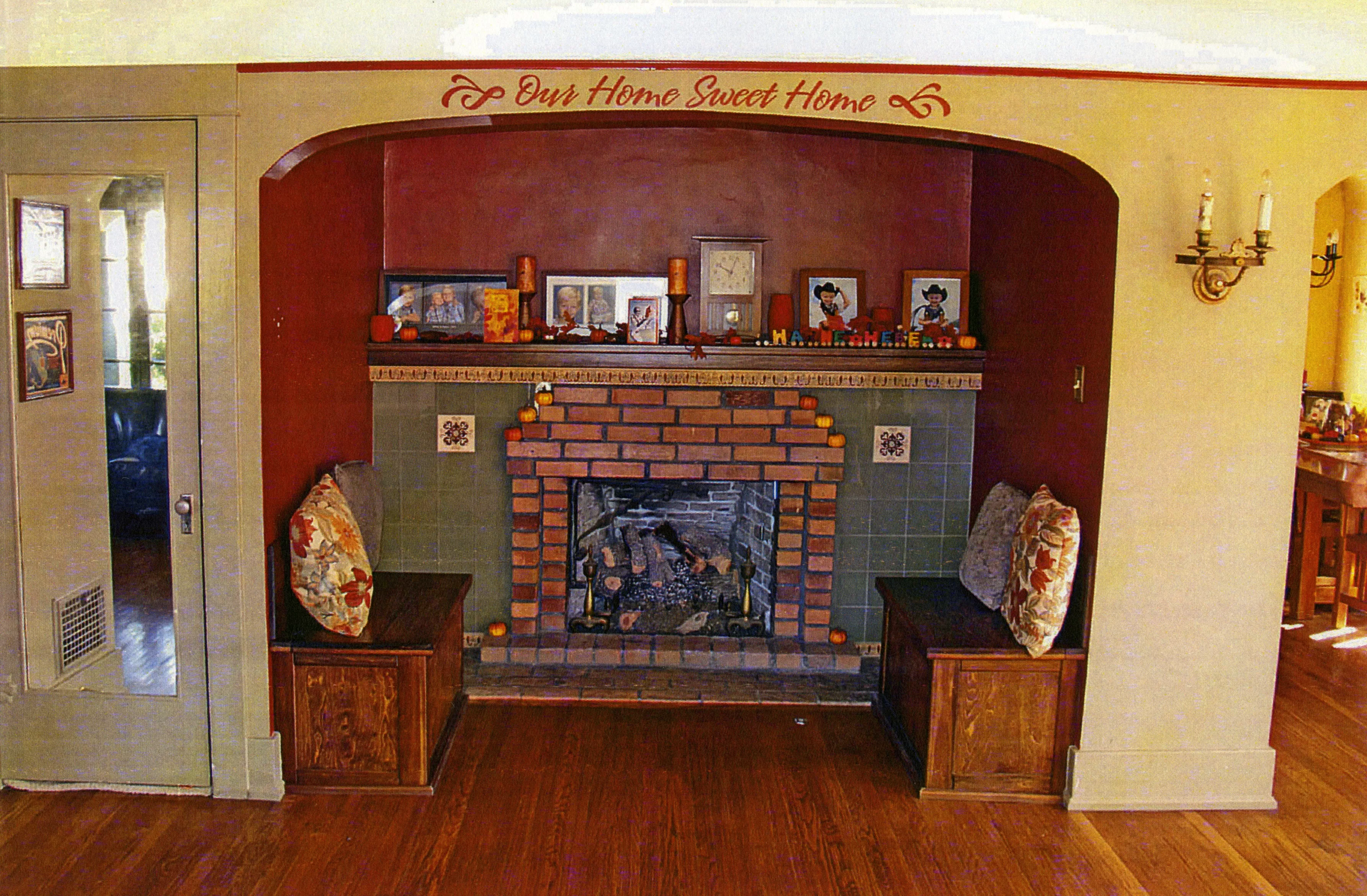 A colored photo of the fireplace inside the Anita Shepardson House in 2013.