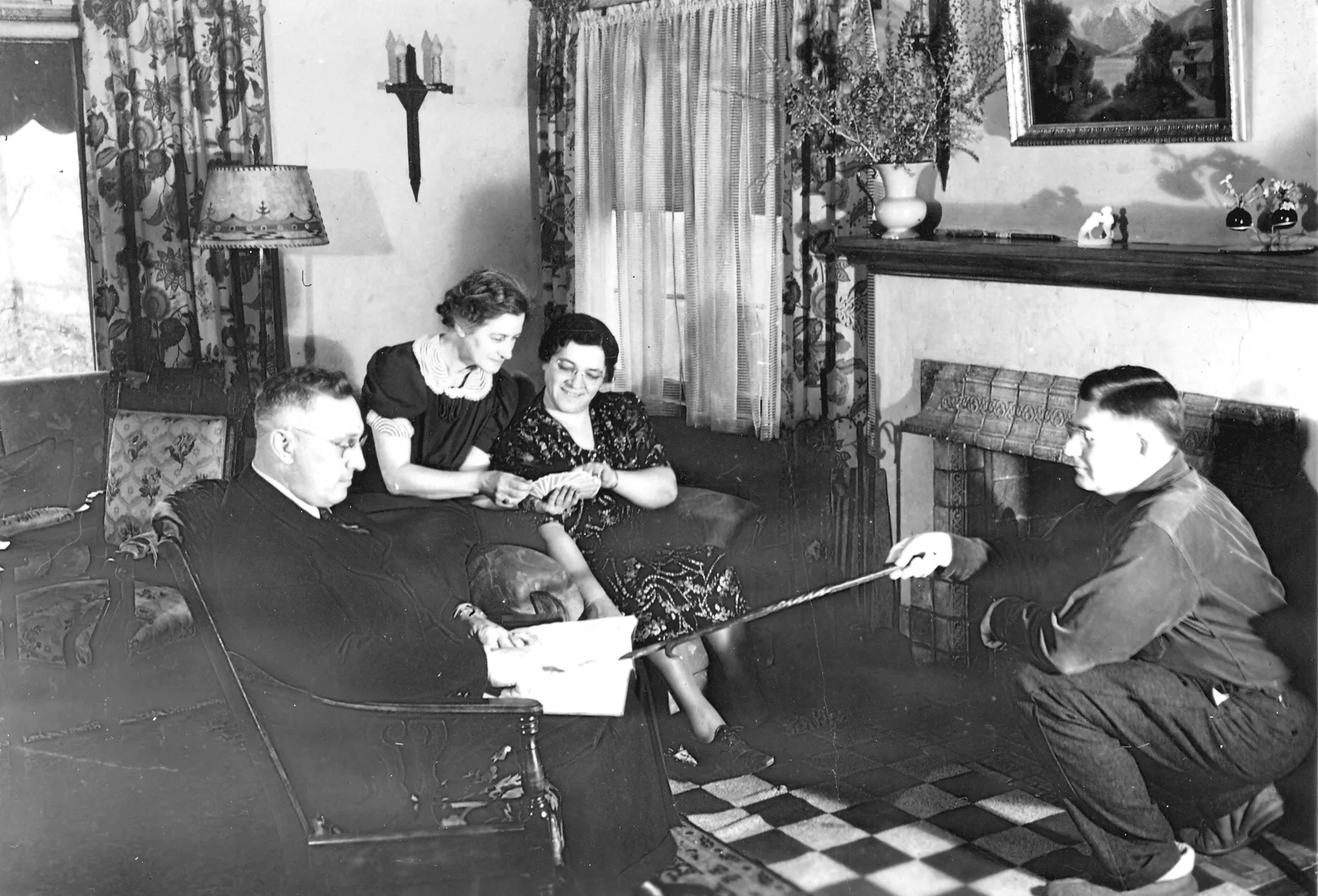 A black and white photograph of four members of the Hardy family in 1938.