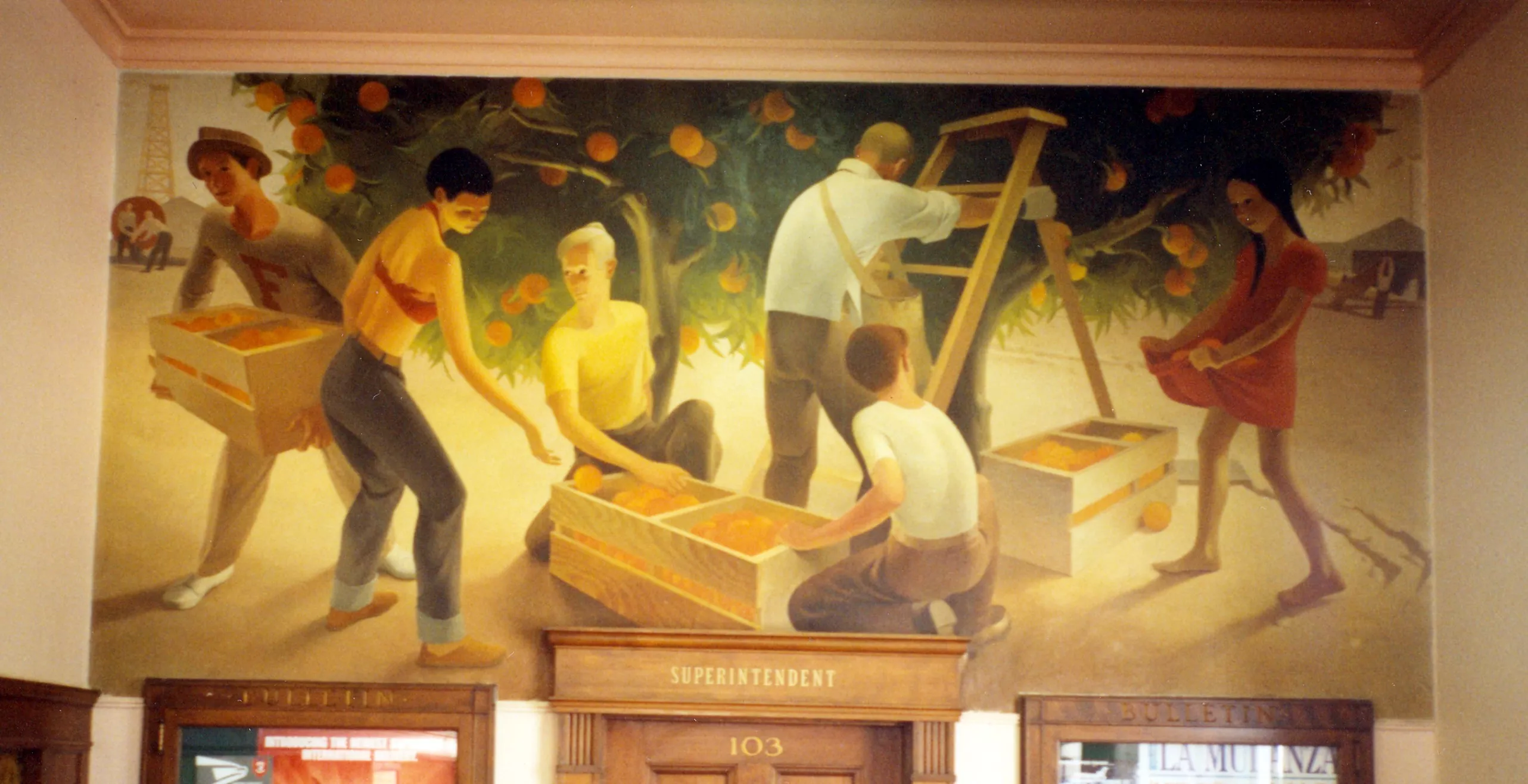 A colored photo of the Paul Julian Mural inside the Commonwealth Post Office in 2021.