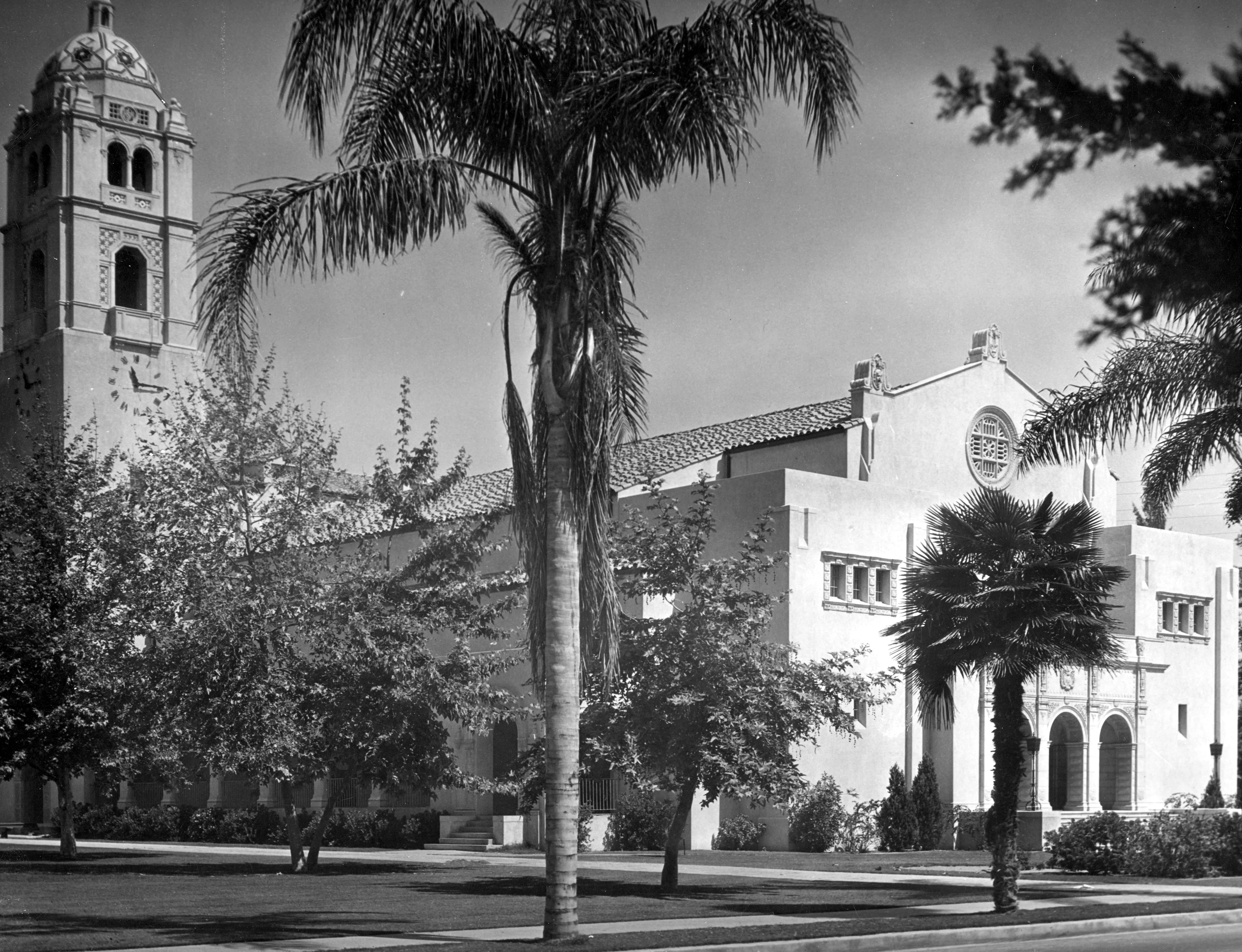A black and white photograph of the exterior of the auditorium in 1934 where the &quot;Pastoral California&quot; Mural is located.