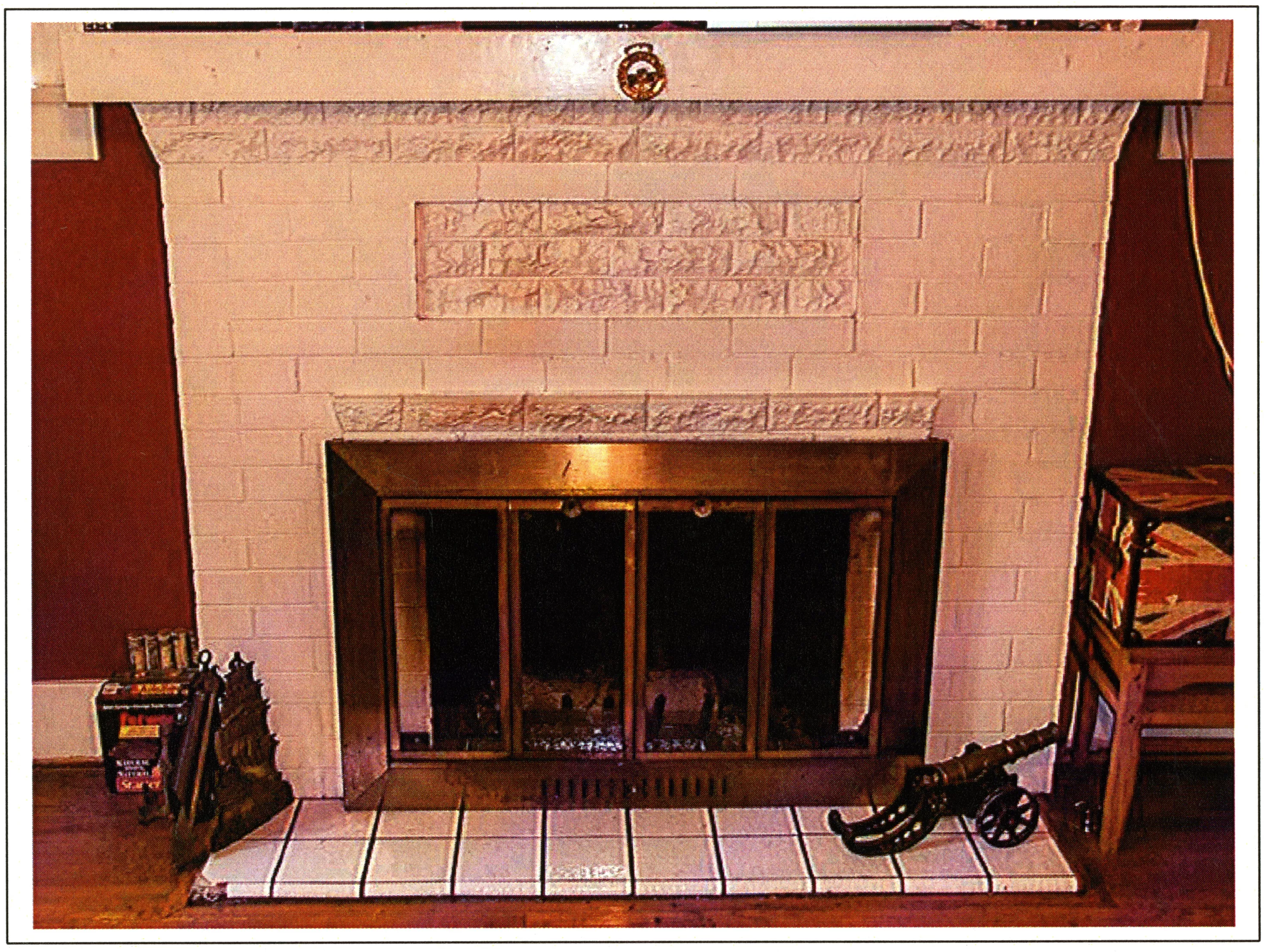 A colored photo of the fireplace inside the John Menges House in 2017.