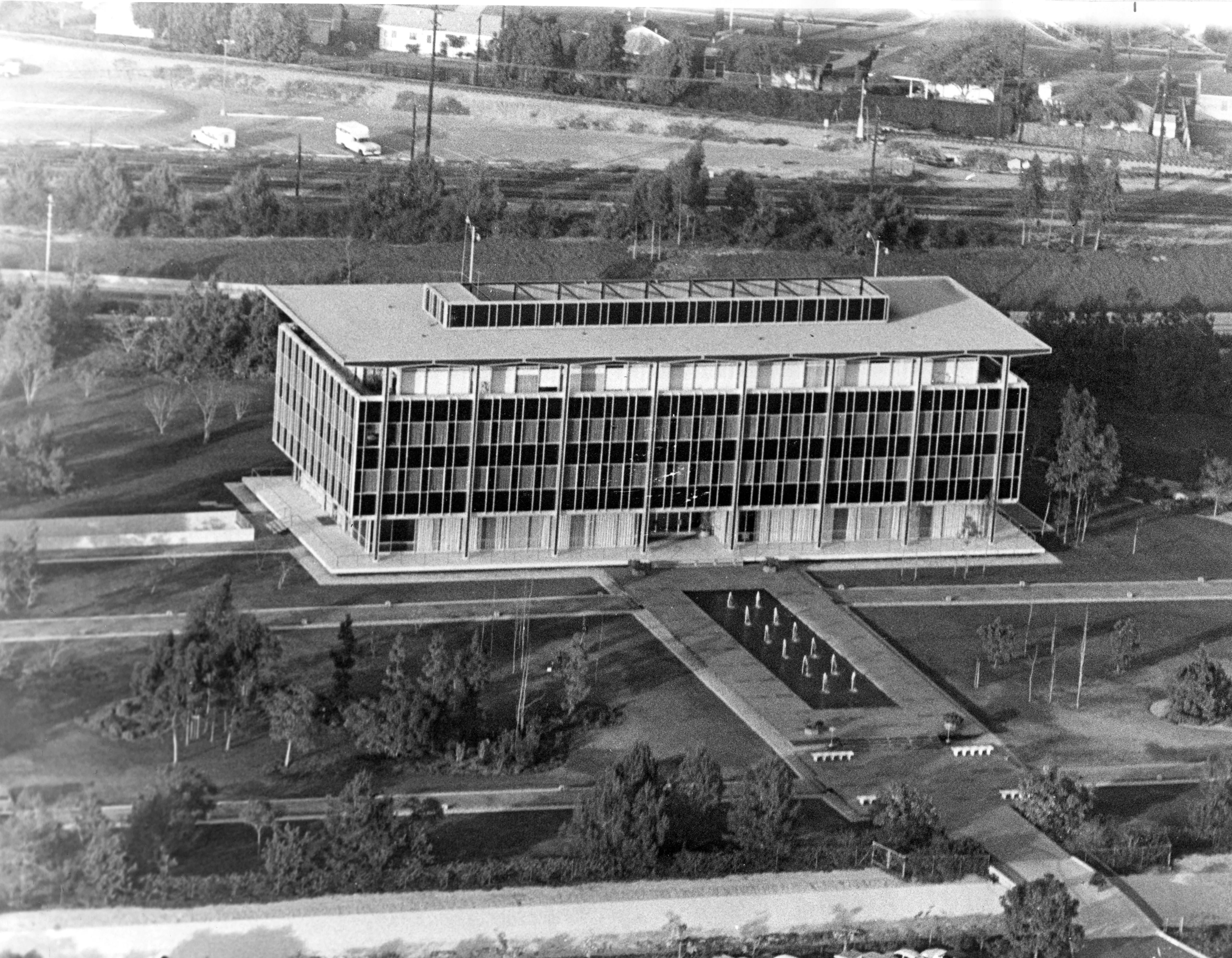 A black and white photograph of the exterior of the Hunt Headquarters.