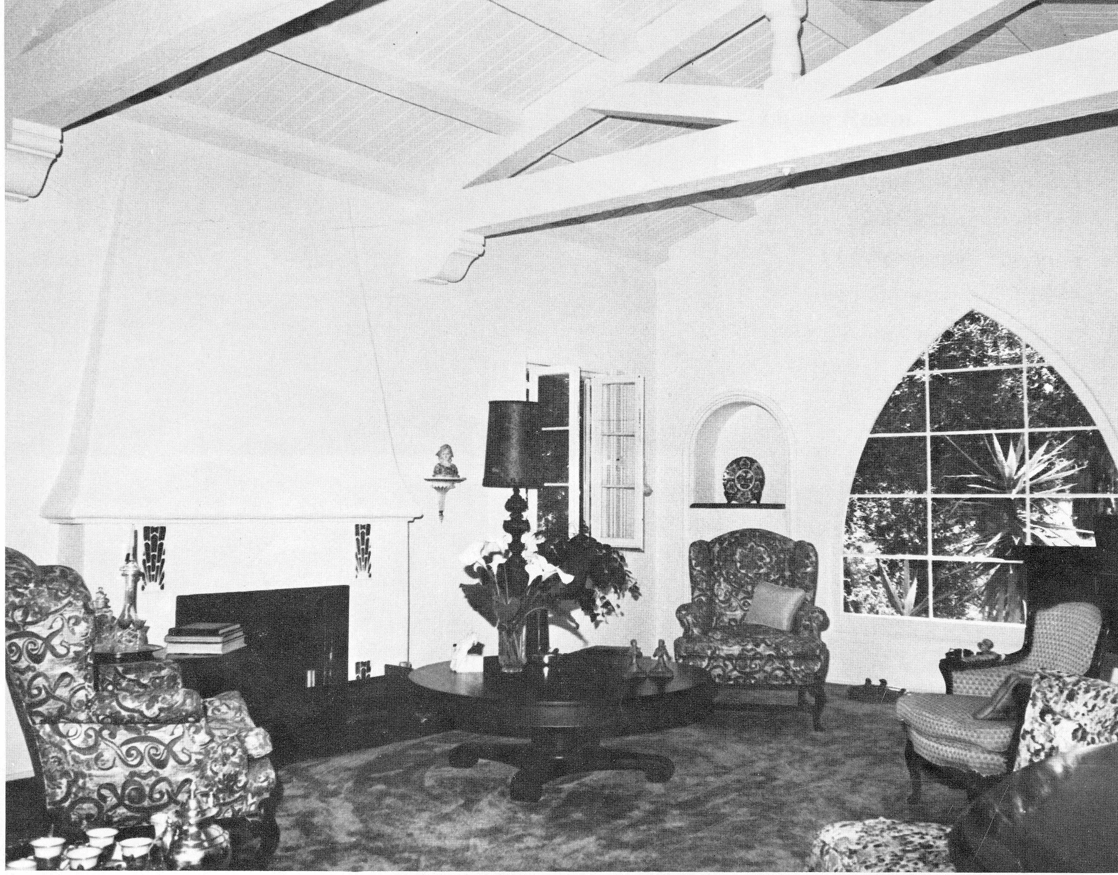 A black and white photograph of the interior of the Walter Joseph Cadman House in 1979.