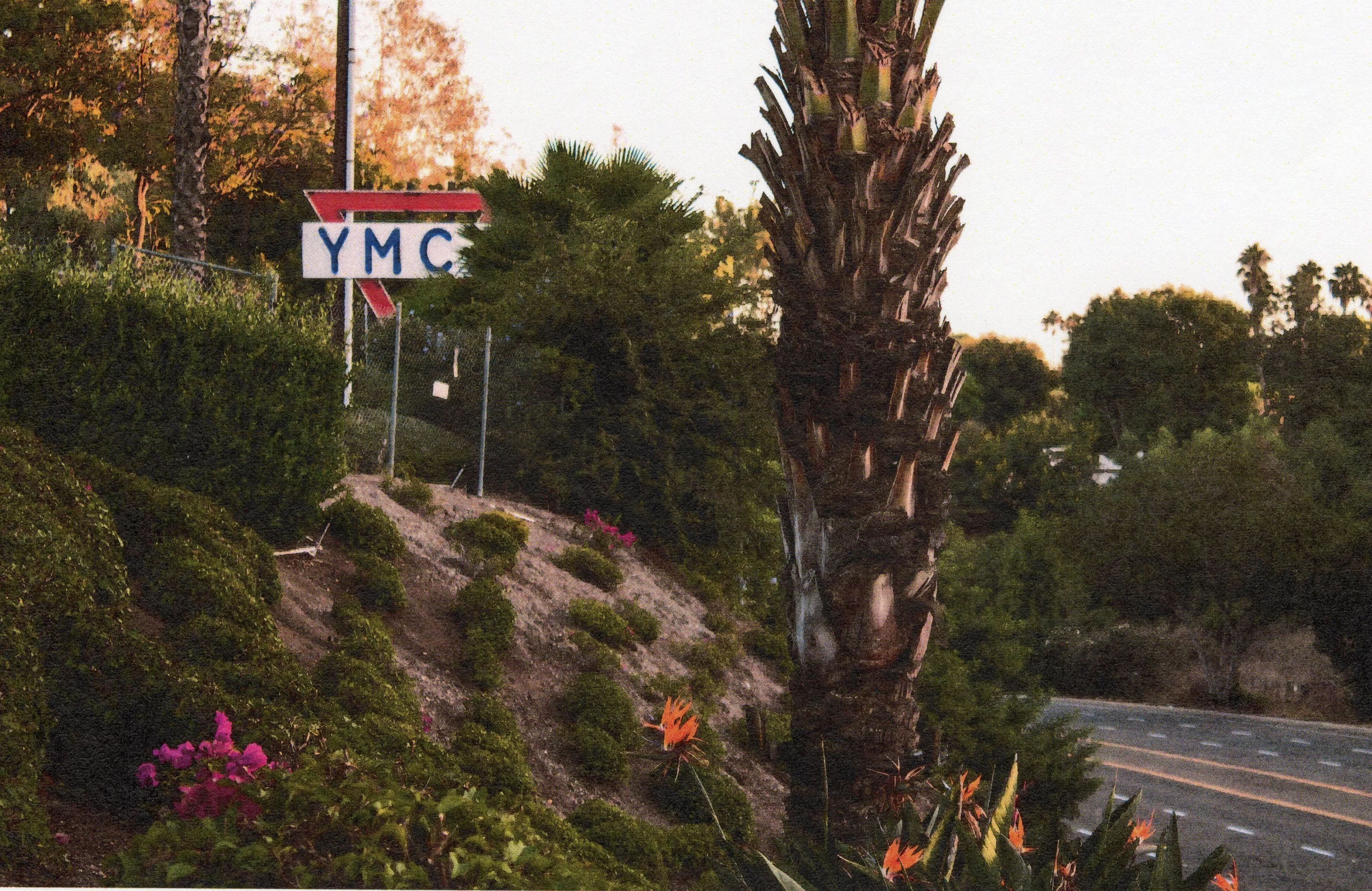 A colored photo of the YMCA Neon Sign seen from Harbor Boulevard in 2019.