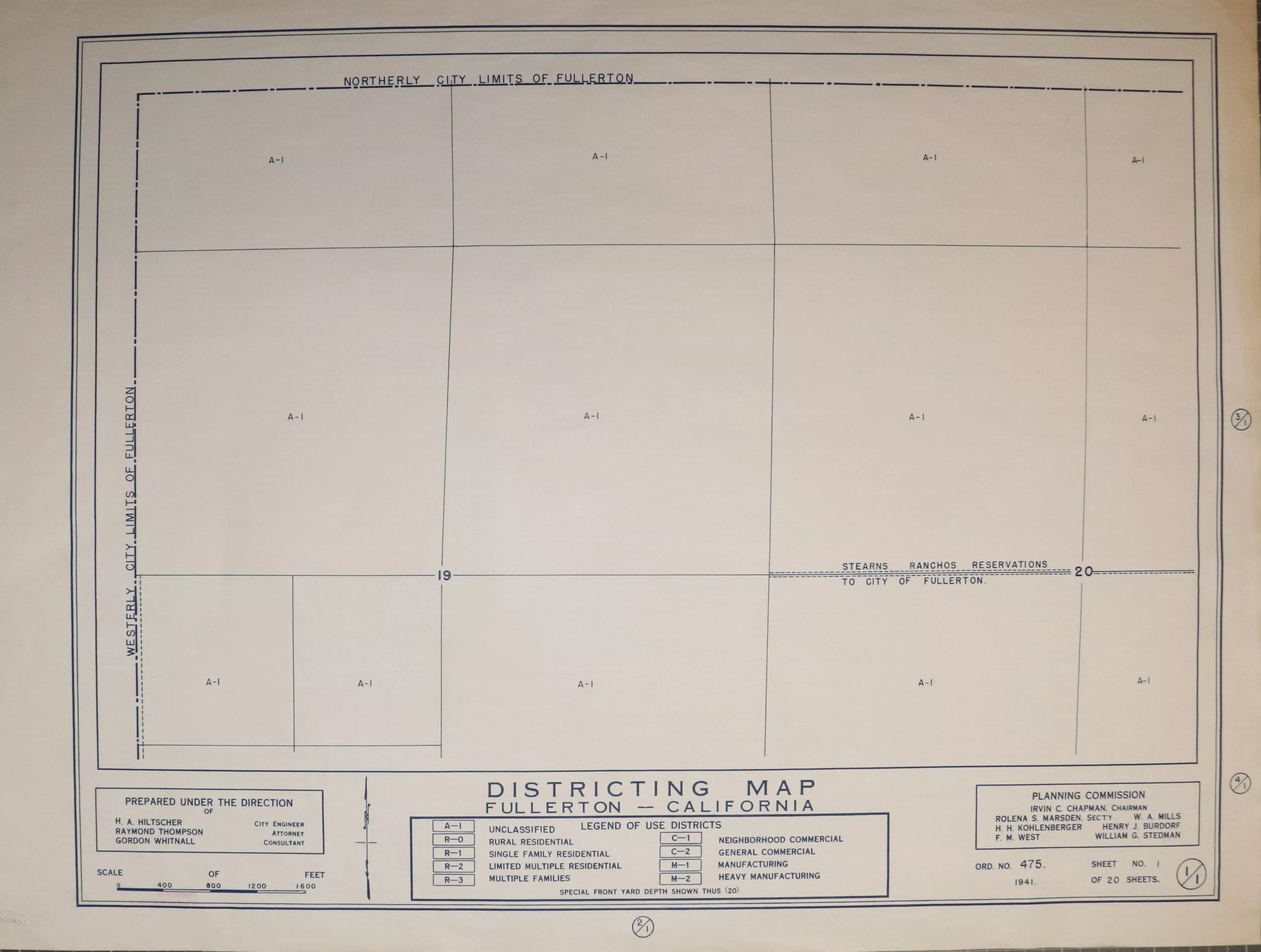 A digital scan of the Fullerton Districting Map 1-1 from 1941.