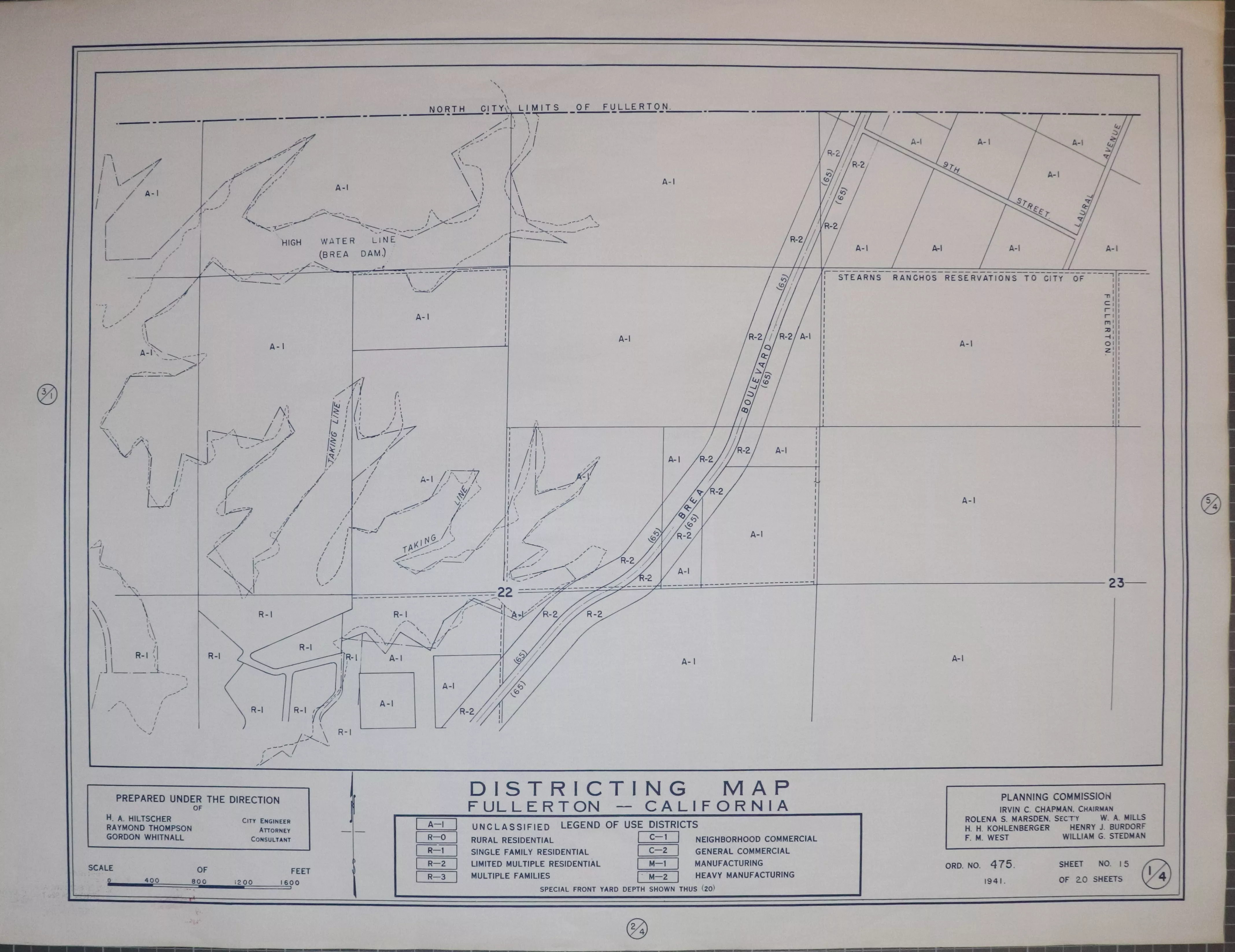 A digital scan of the Fullerton Districting Map 4-1 from 1941.