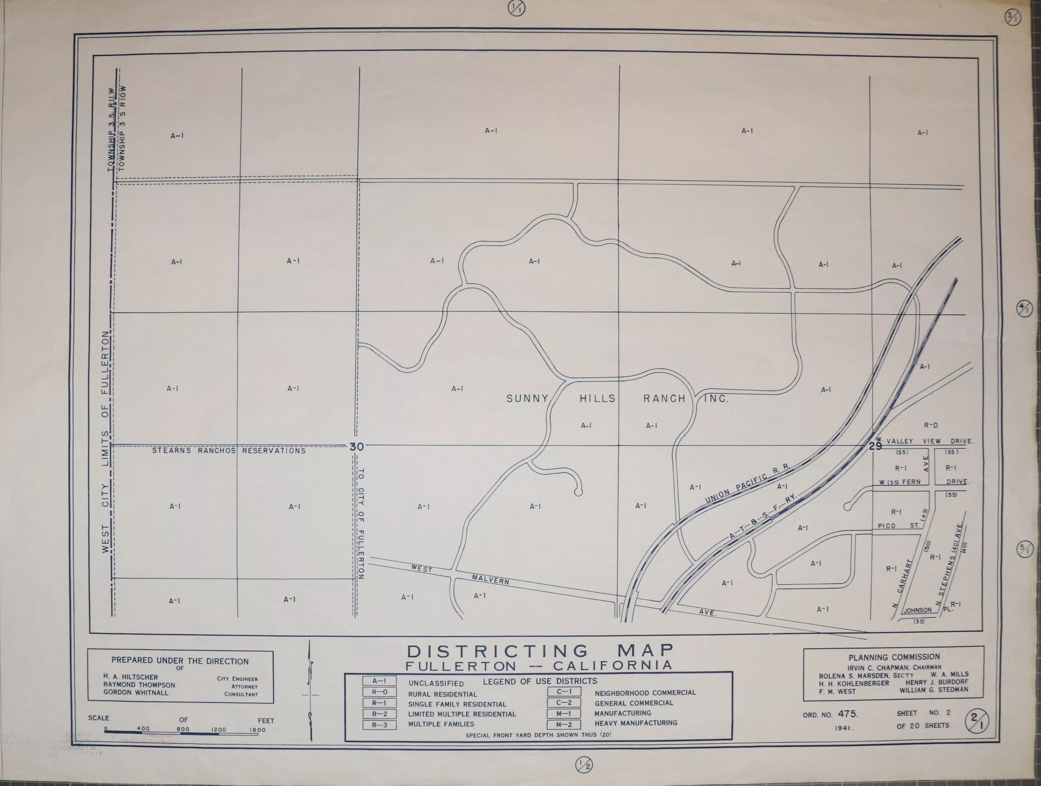 A digital scan of the Fullerton Districting Map 1-2 from 1941.