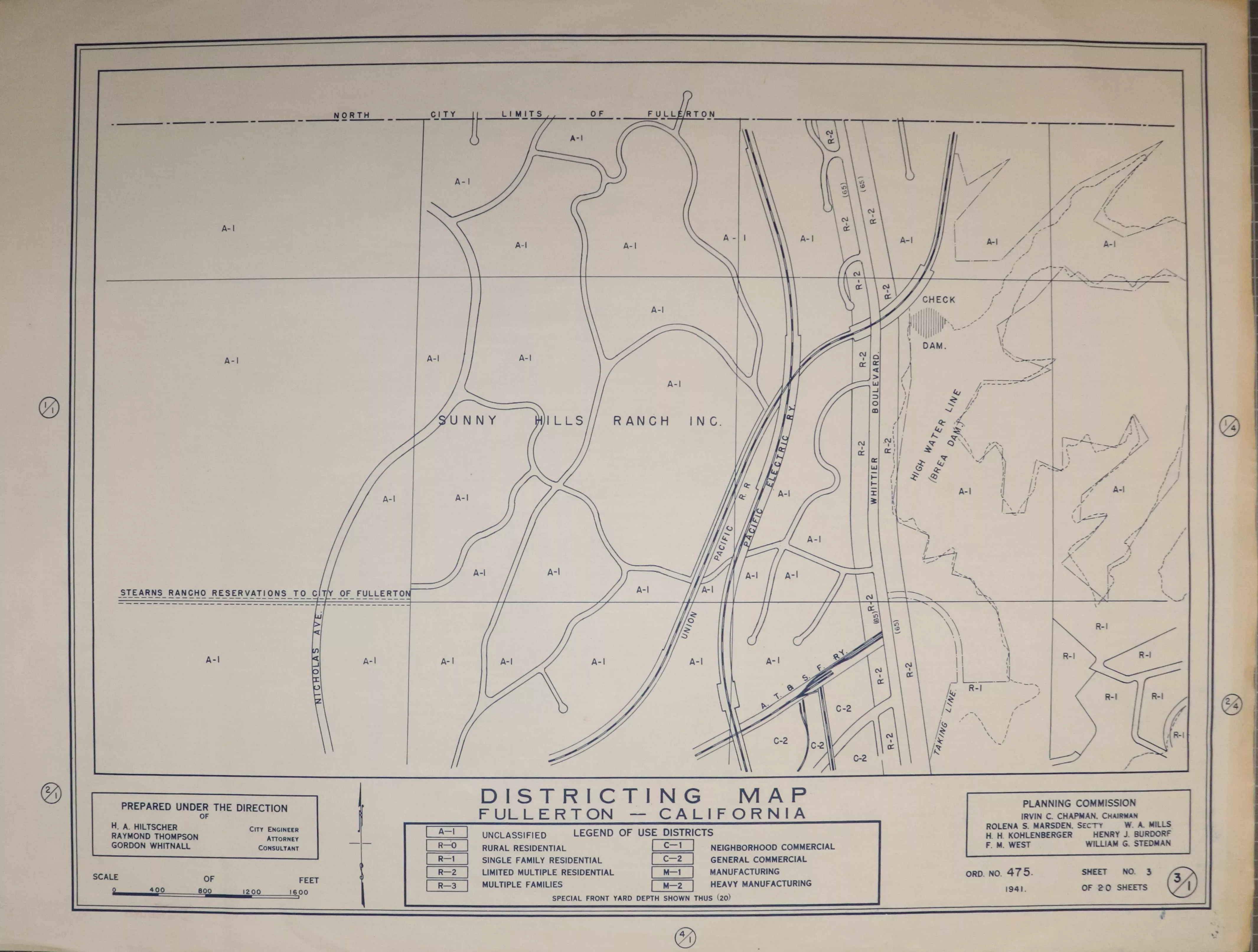 A digital scan of the Fullerton Districting Map 1-3 from 1941.