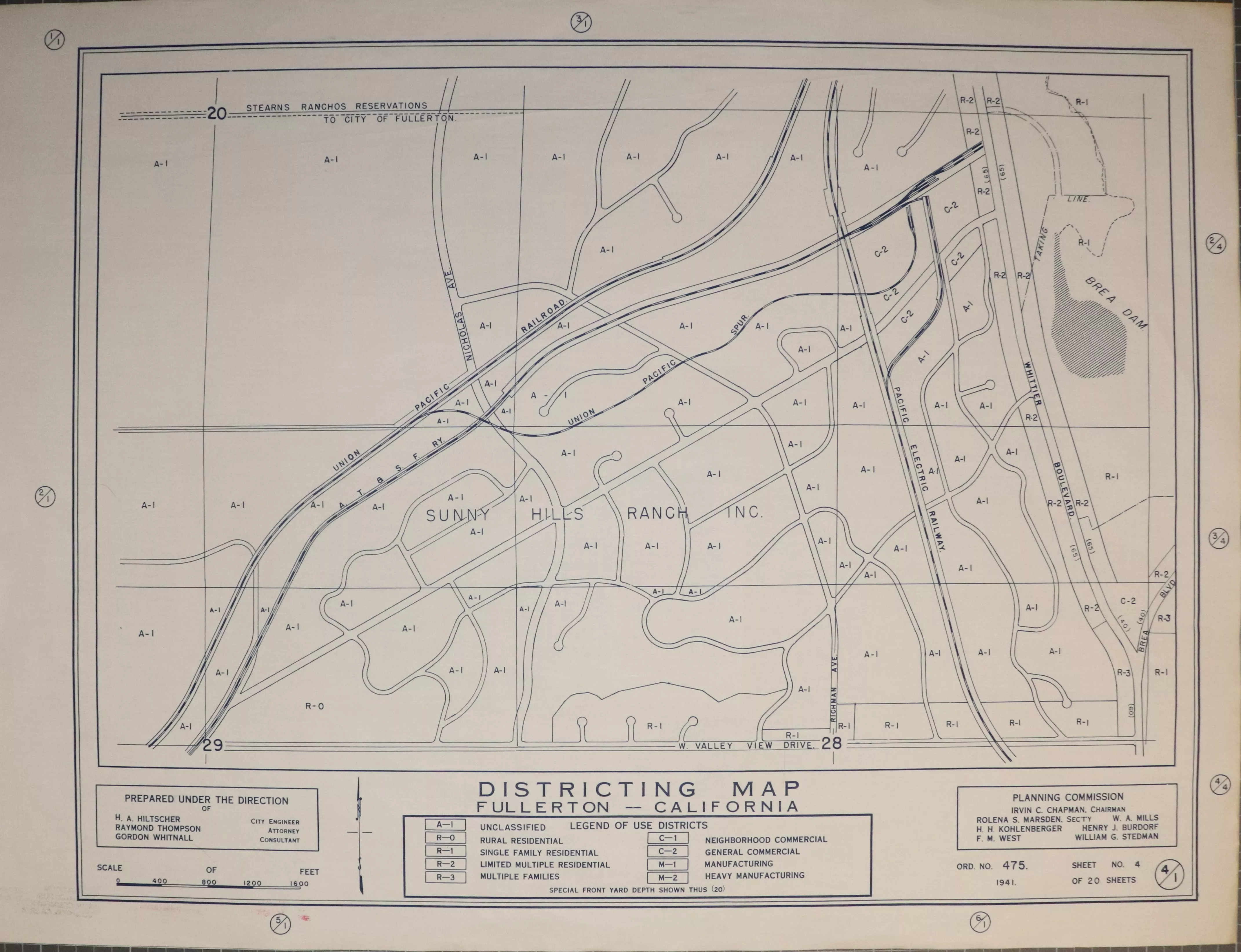 A digital scan of the Fullerton Districting Map 1-4 from 1941.