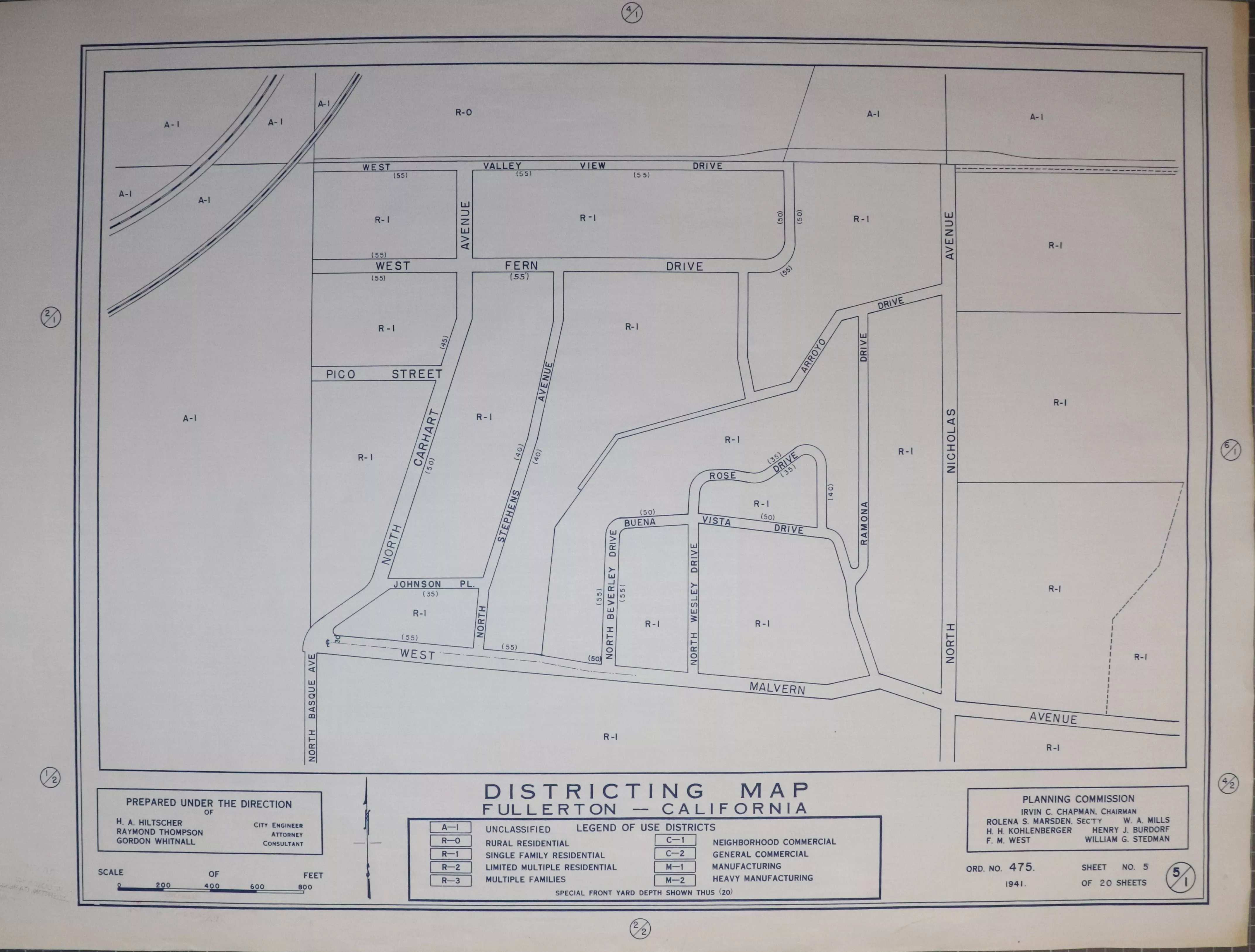 A digital scan of the Fullerton Districting Map 1-5 from 1941.