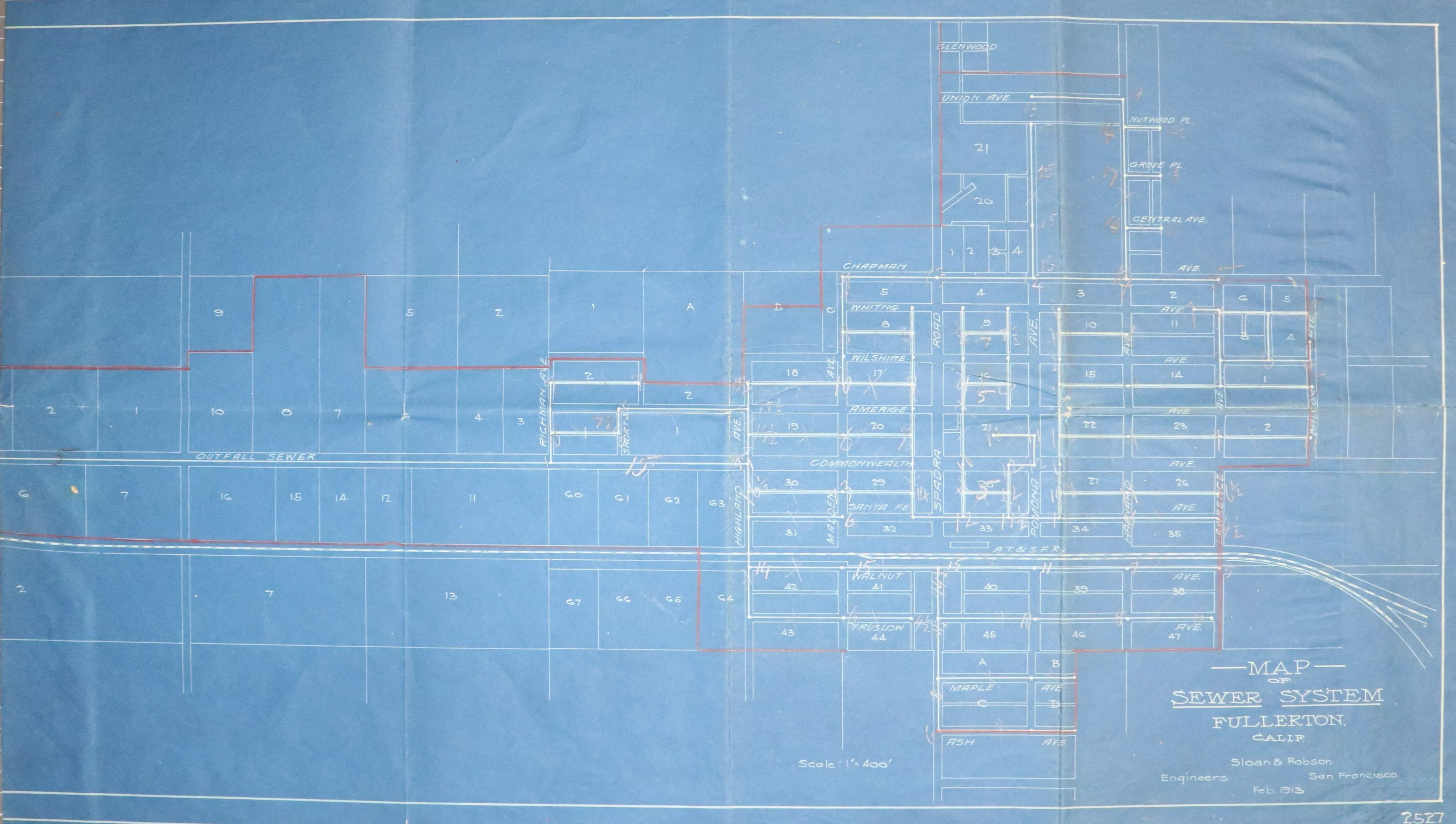 A digital scan of the City of Fullerton Sewer System (side A) map from 1913.